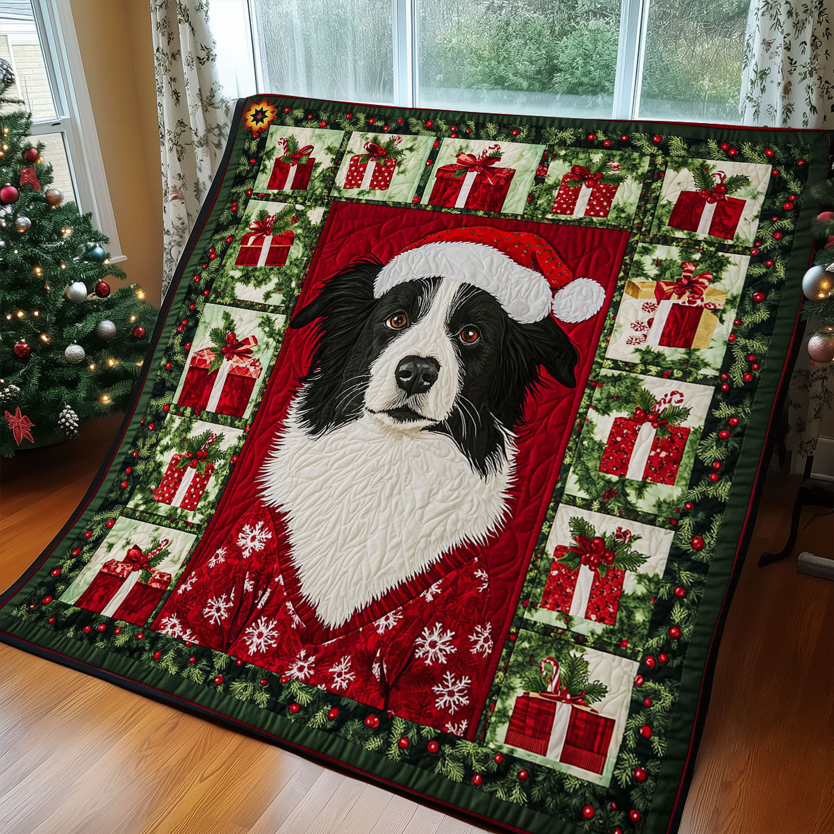 Christmas Border Collie Holiday Cheer Quilt Blanket