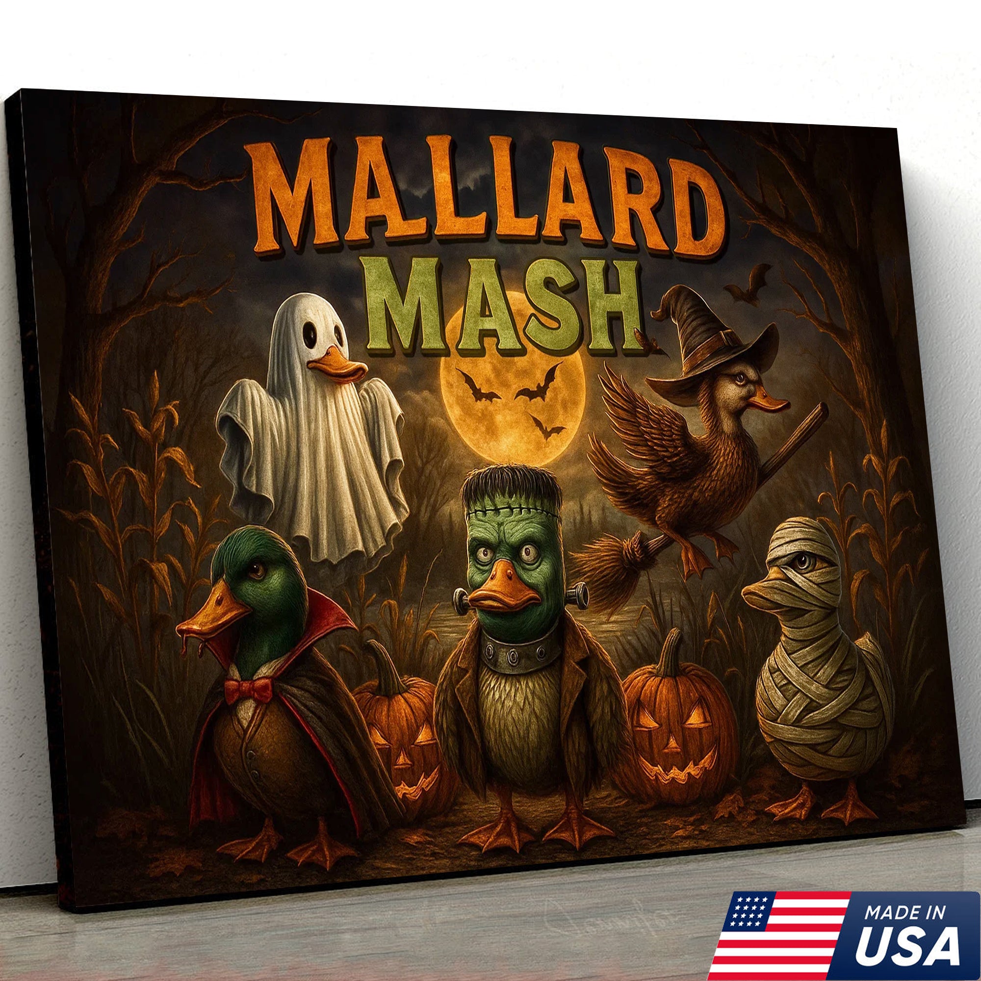 Mallard Mash Halloween Canvas Wall Art – Funny Ducks in Costumes with Pumpkins and Full Moon Decor