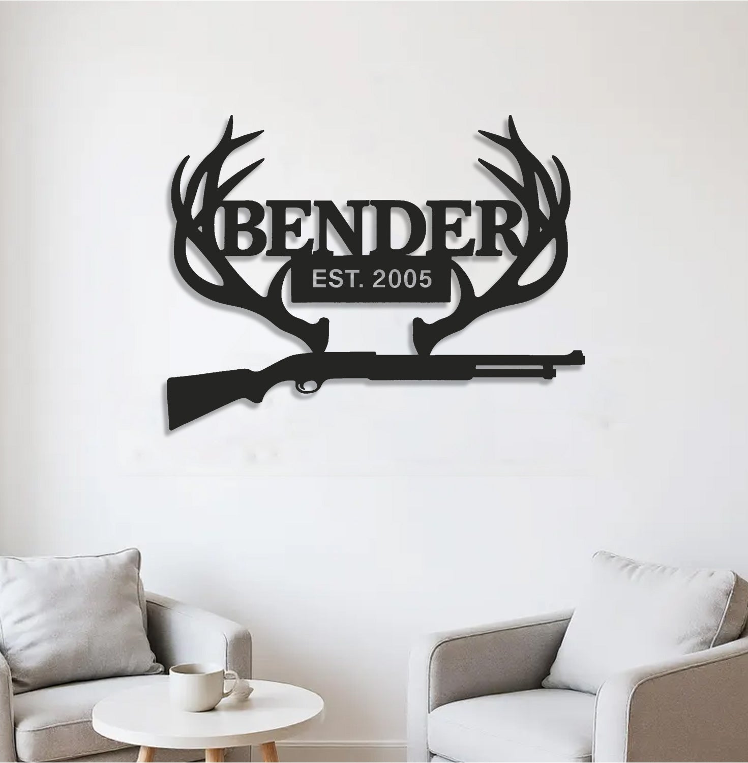 Personalized Metal Sign WITH LED/WITHOUT LED – Deer Antler Hunting Wall Decor with Rifle – Custom Rustic Cabin Sign for Hunters