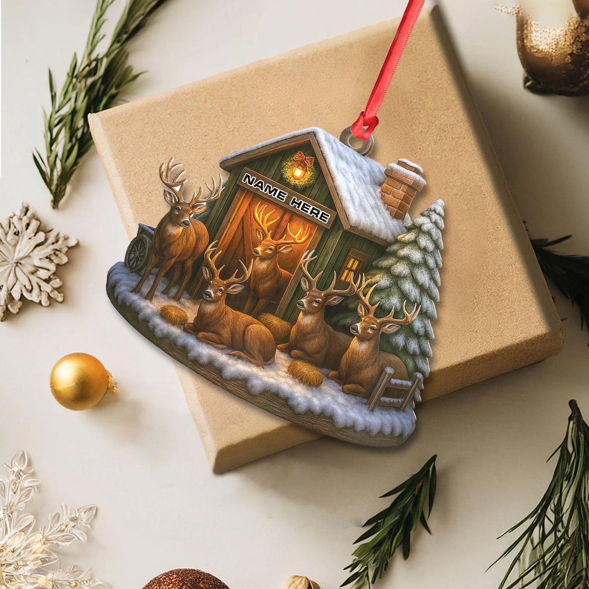 Personalized Acrylic Deer Family Christmas Ornament – Rustic Holiday Cabin Decor for Hunters & Wildlife Lovers