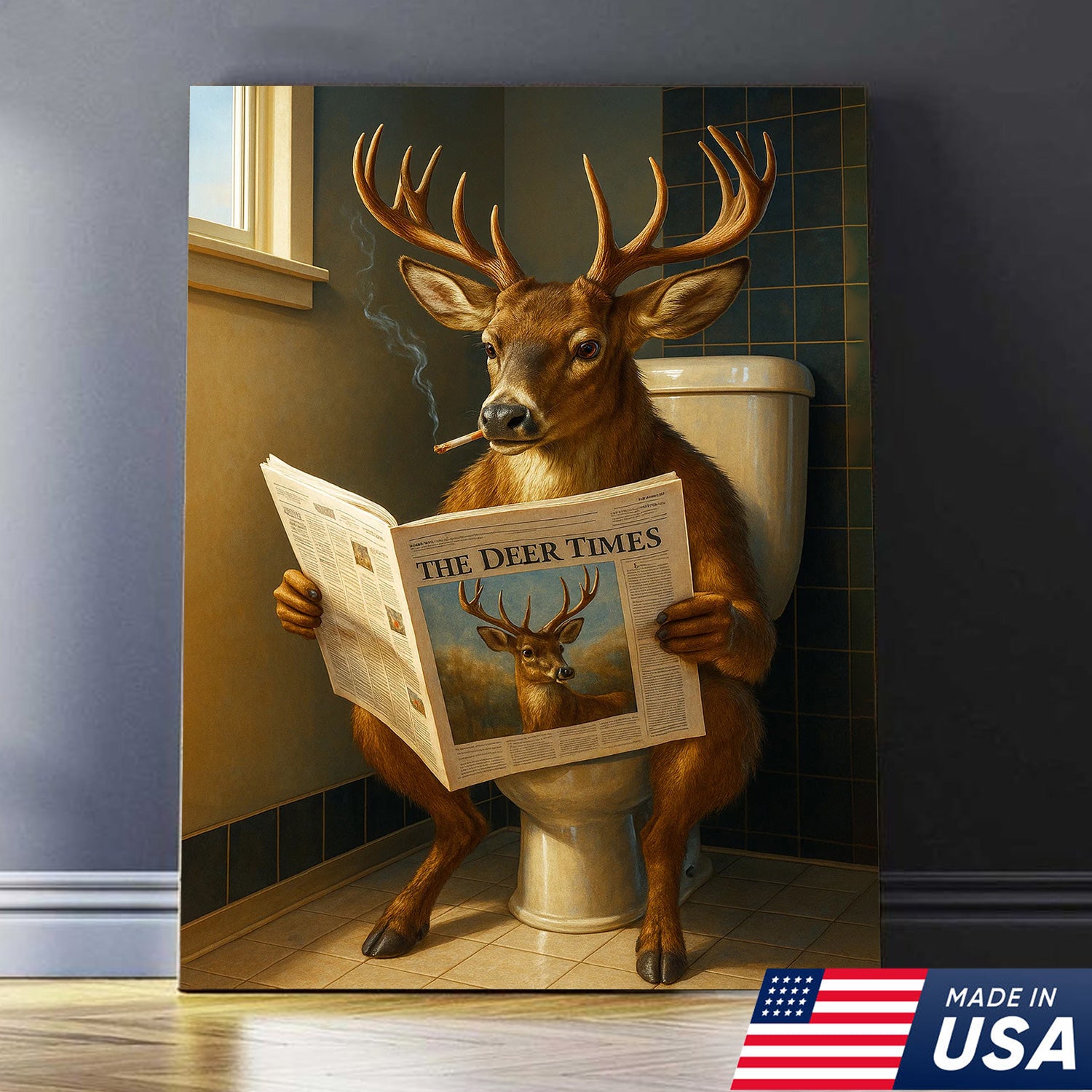 Funny Deer Canvas Wall Art – Buck Reading Newspaper on Toilet – Whitetail Deer Bathroom Humor Hunting Lodge Decor