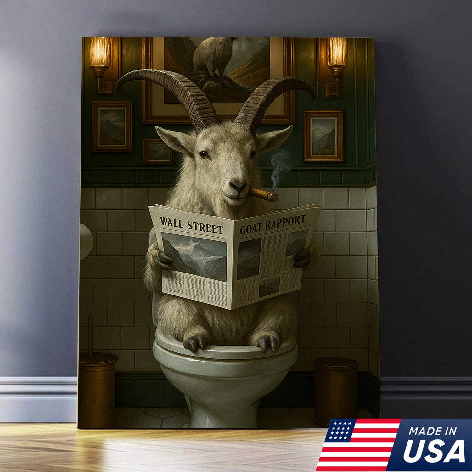 Funny Mountain Goat Bathroom Wall Art – Rustic Hunting Cabin Toilet Humor Canvas