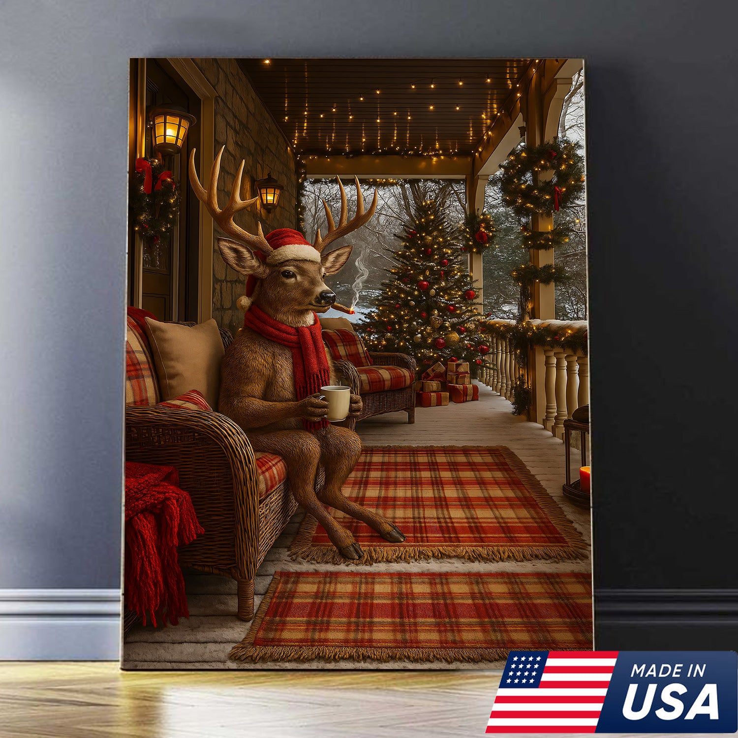 Christmas Deer Porch Canvas Wall Art, Cozy Cabin Reindeer With Scarf Holiday Print, Rustic Plaid Farmhouse Christmas Decor