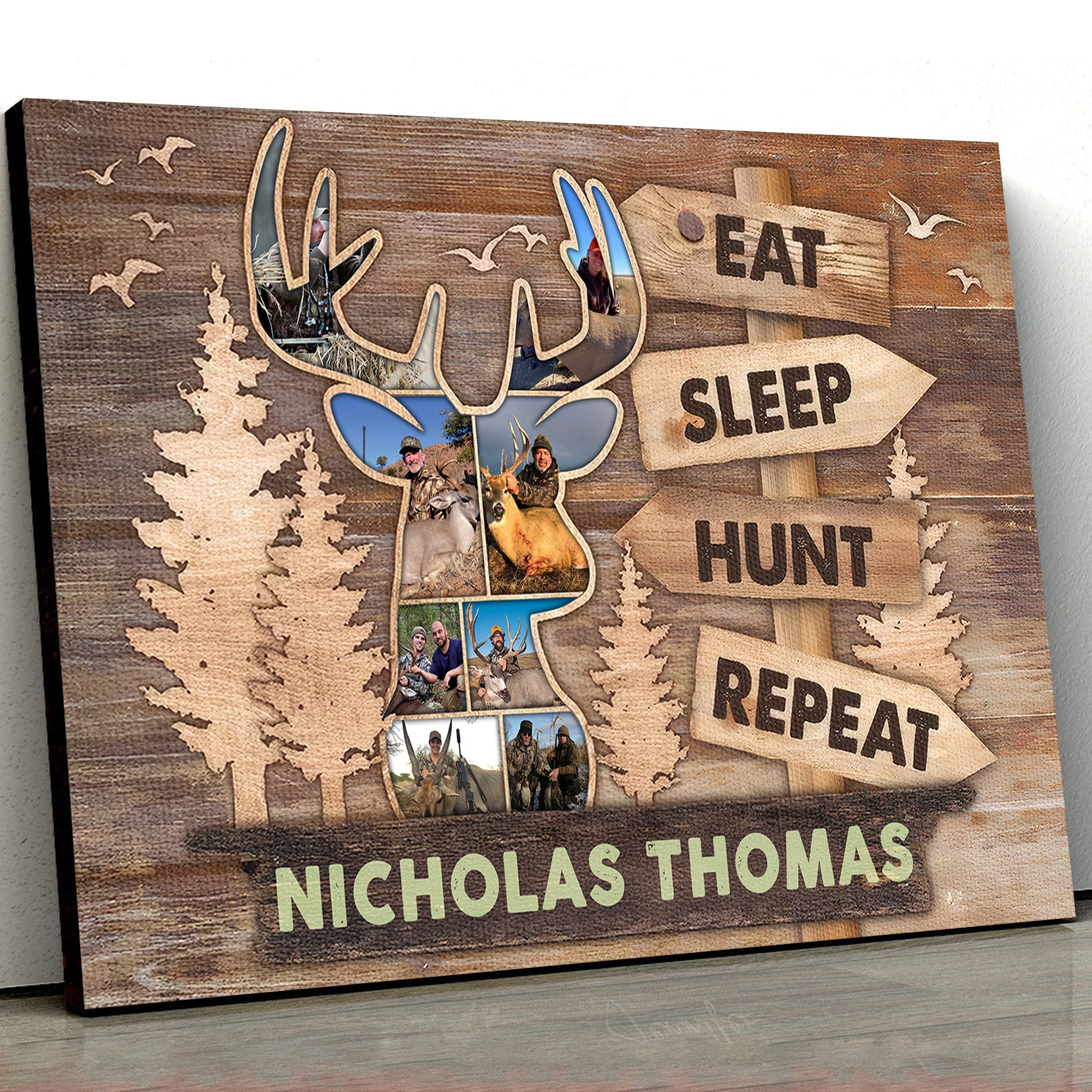 Personalized Hunting Canvas – Custom Deer Head Photo Collage Gift, Eat Sleep Hunt Repeat Wall Art for Hunters, Rustic Cabin Decor