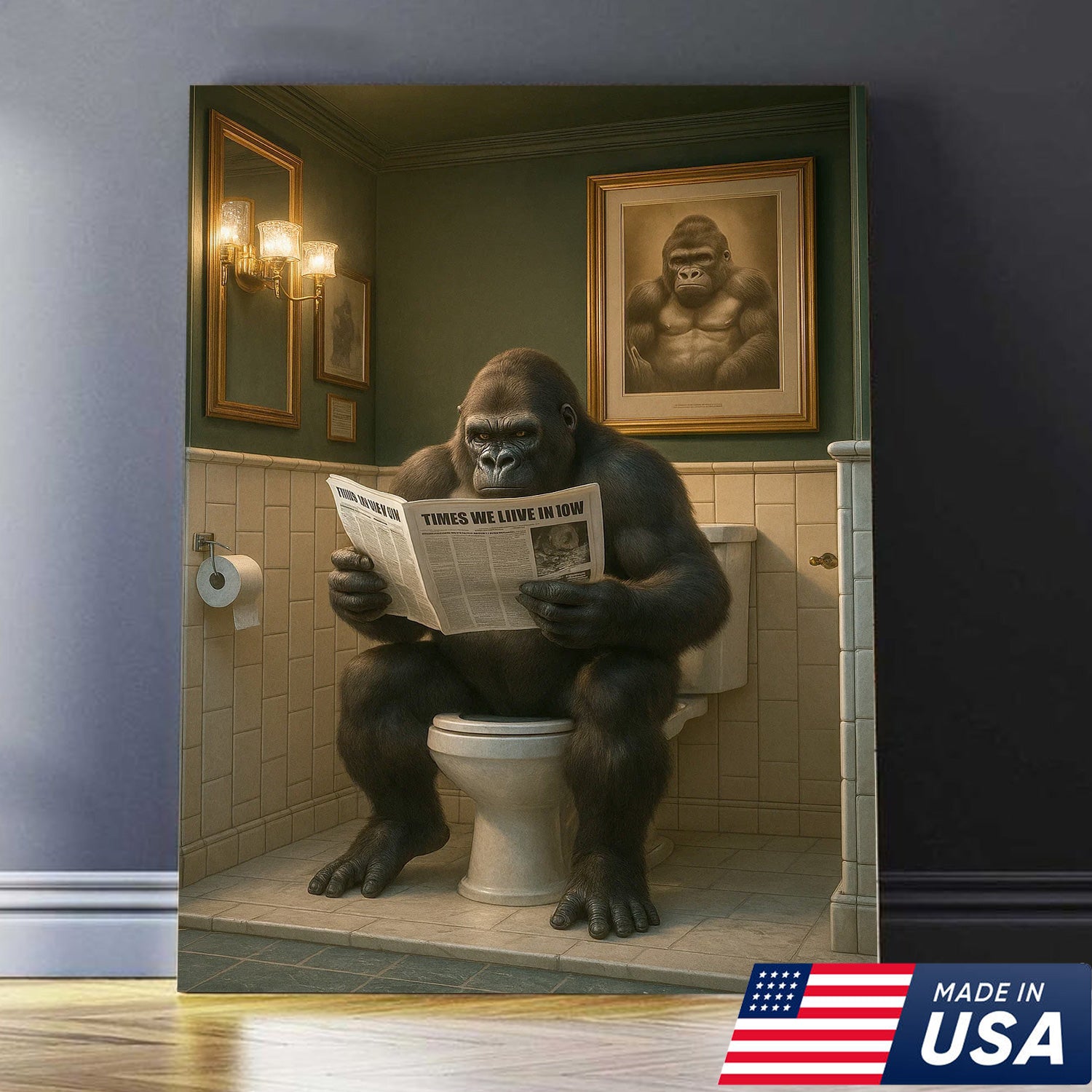Funny Gorilla Bathroom Wall Art Canvas, Toilet Humor Decor for Men’s Restroom