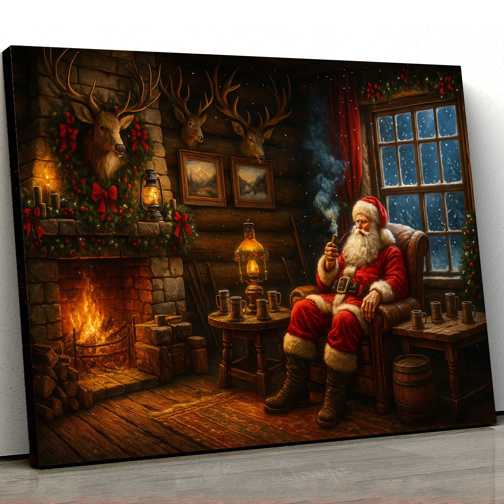Christmas Santa Cabin Canvas Wall Art, Rustic Fireplace Holiday Decor, Cozy Farmhouse Christmas Living Room Print
