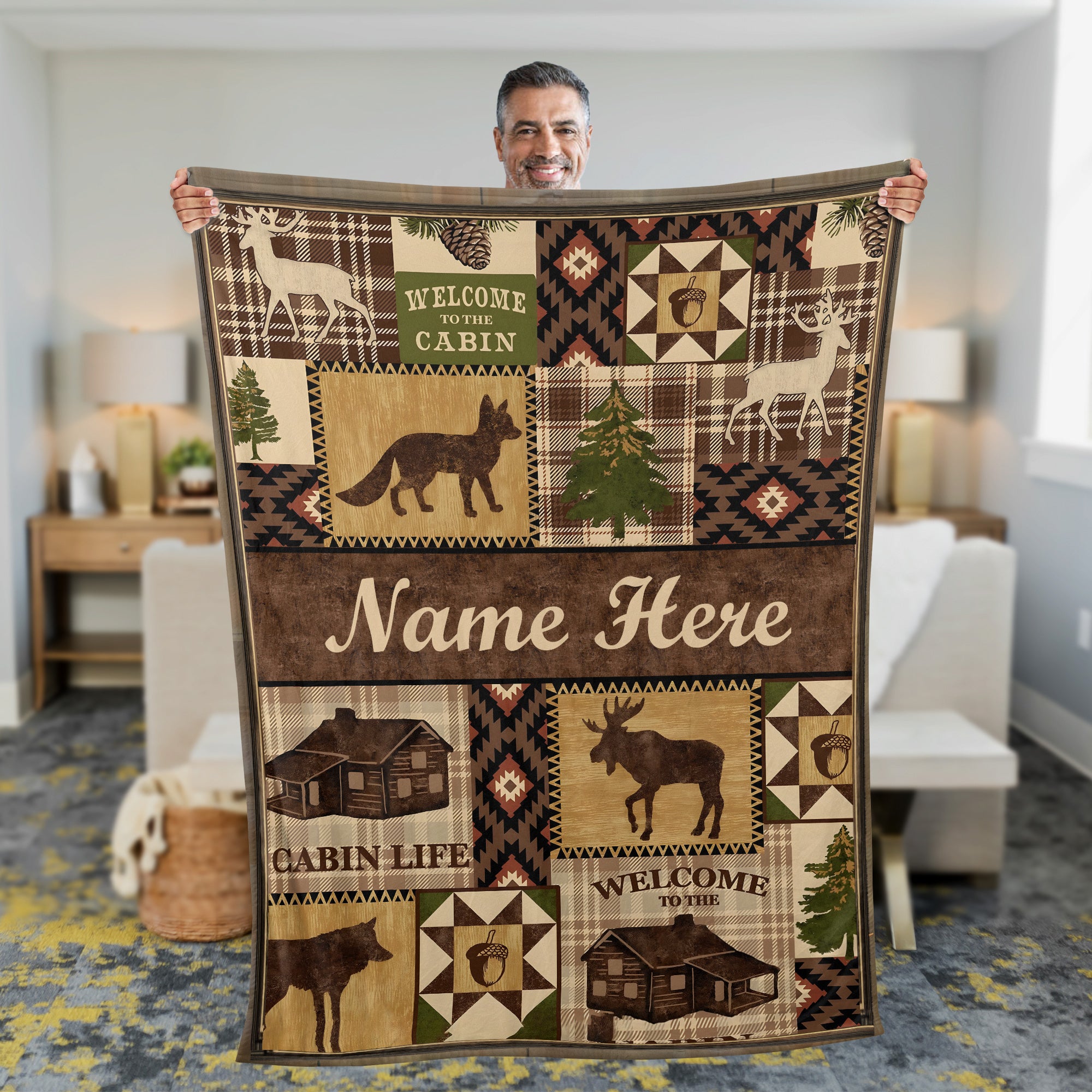 Personalized Hunting Cabin Life Fleece Blanket – Rustic Lodge Throw with Wildlife Design