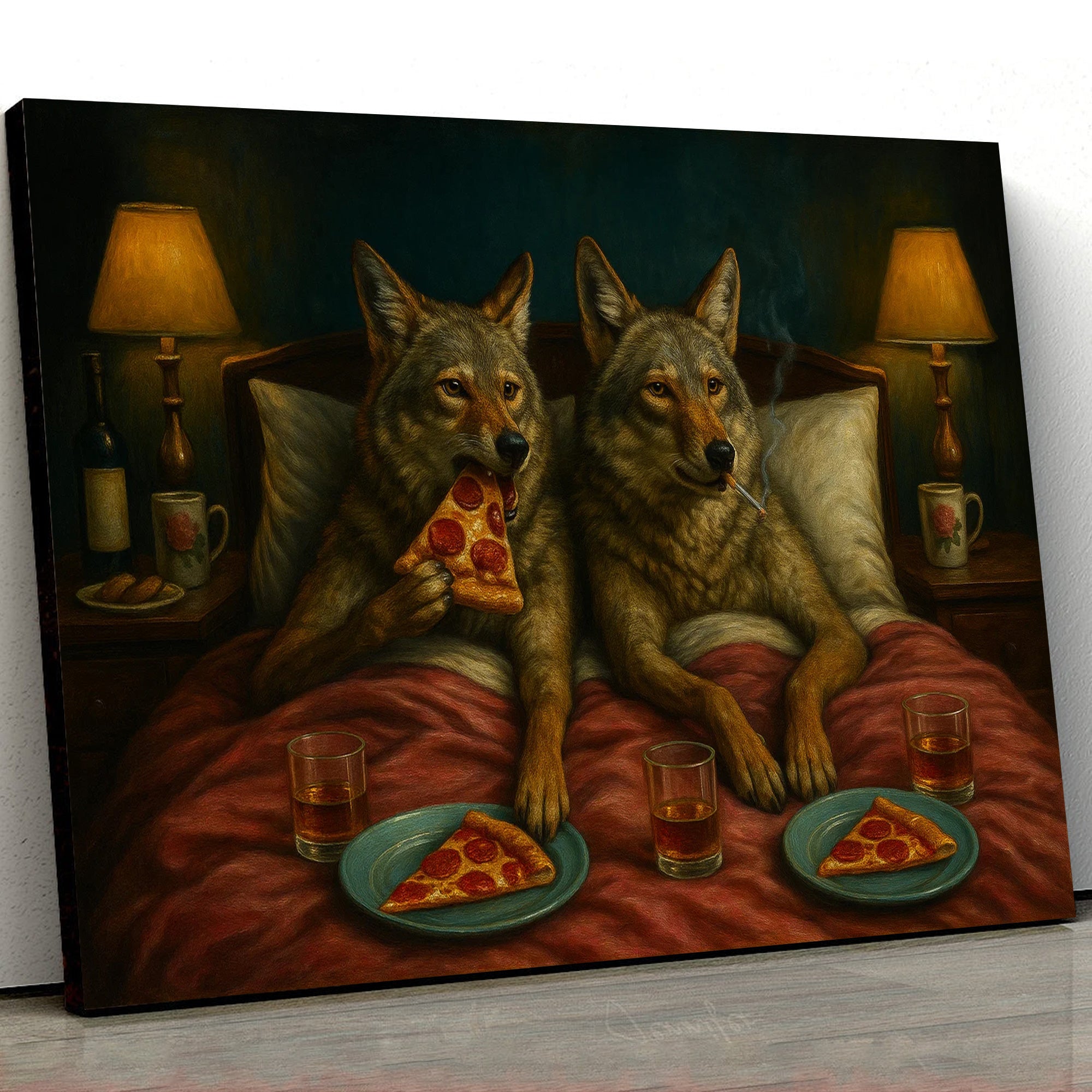 Whimsical Wolf Coyote Couple Pizza Night Canvas Wall Art – Cozy Bed Scene, Pepperoni Slice, Funny Animal Bedroom Decor