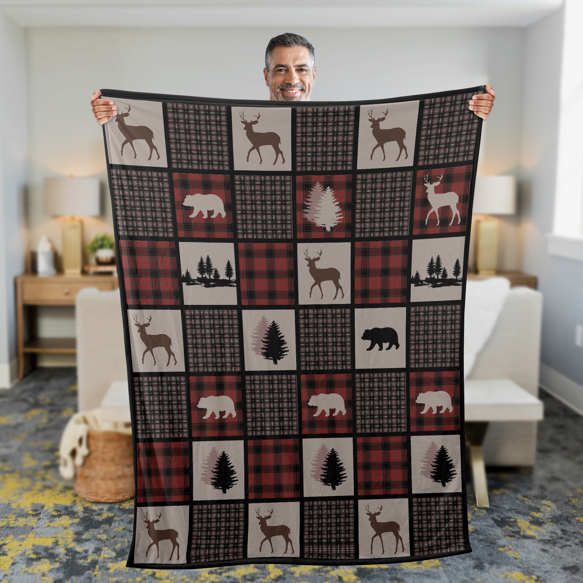 Rustic Hunting Cabin Fleece Blanket – Deer, Bear & Pine Tree - Cozy Gift for Hunters & Nature Lovers