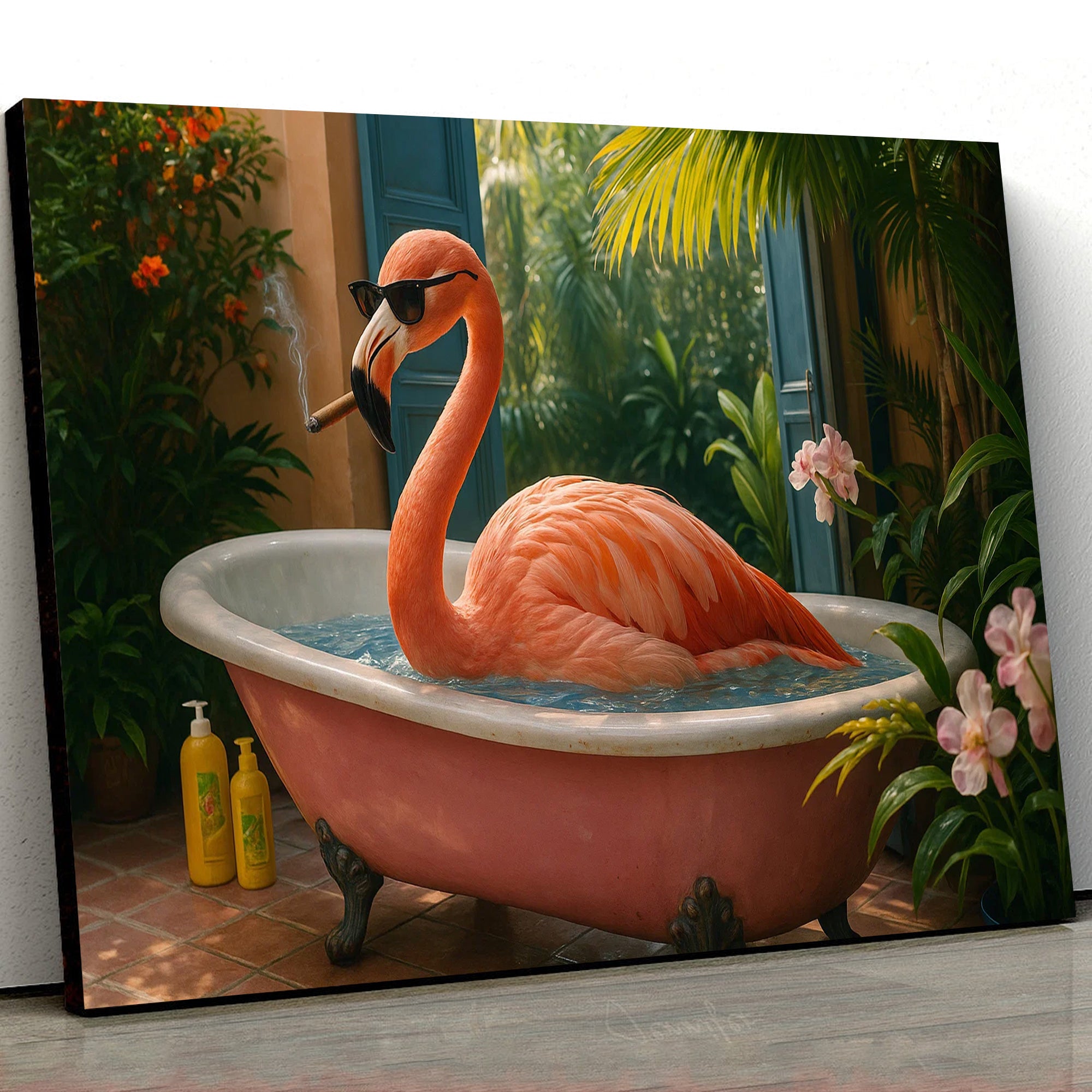 Funny Flamingo Canvas Wall Art – Cool Pink Bird in Bathtub – Tropical Bathroom Decor