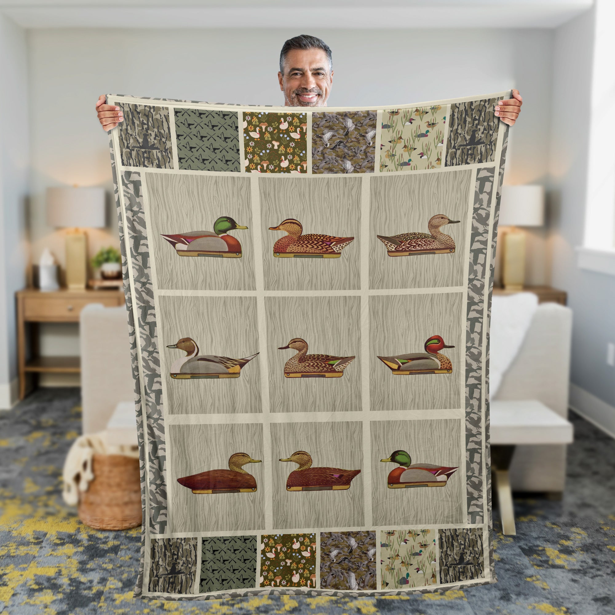 Duck Decoy Patchwork Fleece Blanket – Cozy Hunting Cabin Gift