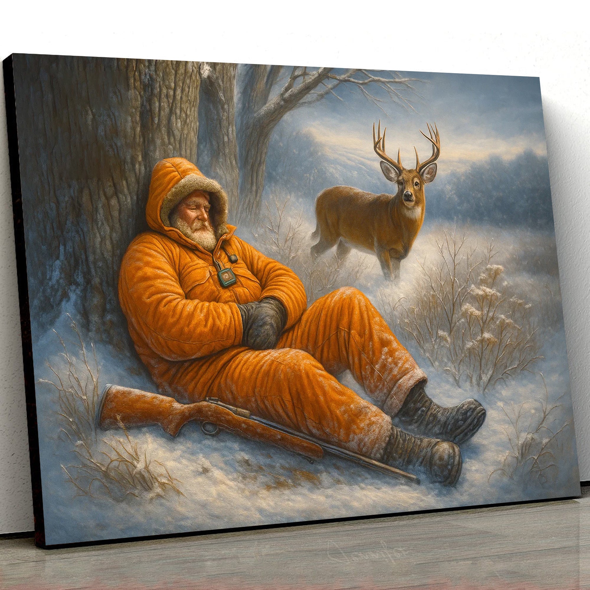 Funny Deer Hunting Canvas Wall Art - Sleeping Hunter Winter Scene - Rustic Lodge and Cabin Decor