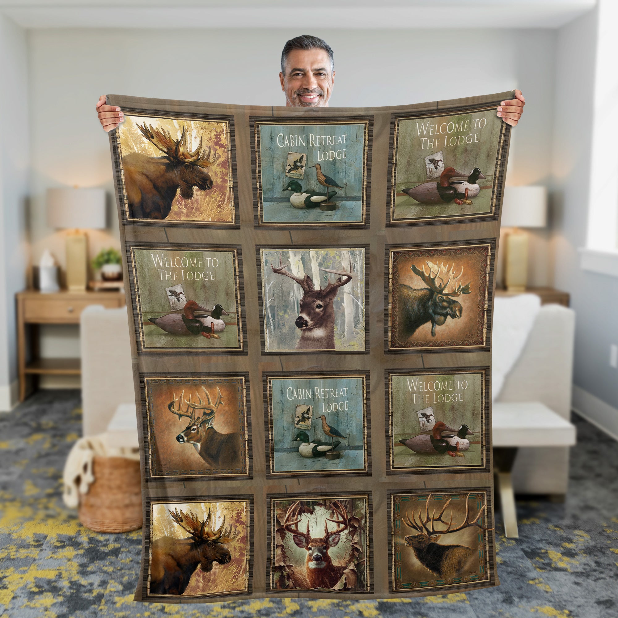 Rustic Wildlife Cabin Lodge Fleece Blanket – Deer, Moose, and Duck Hunting Retreat Fleece Blanket