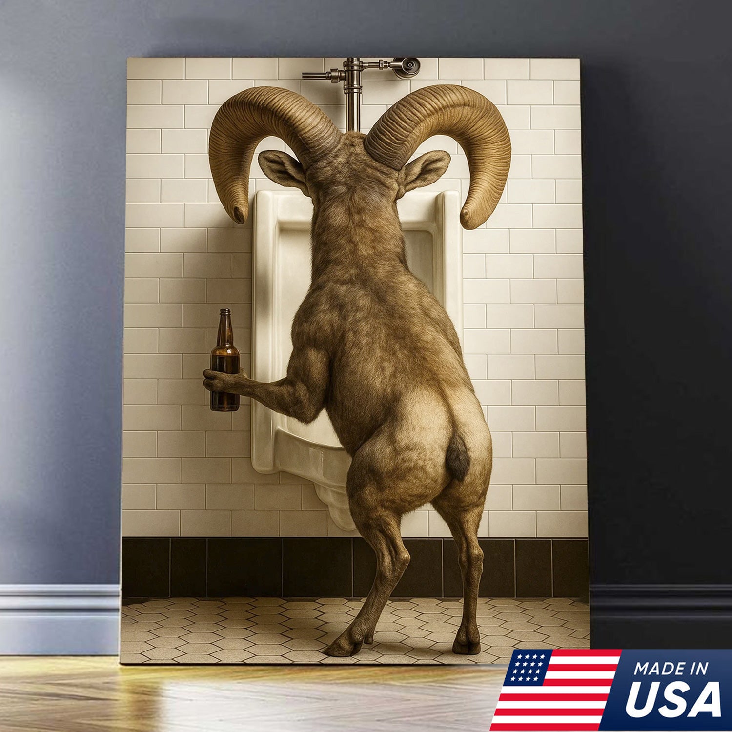 Humorous Big Horn Sheep Canvas Wall Art - Rustic Lodge Bathroom Decor for Cabin and Farmhouse - Wildlife Lover Gift