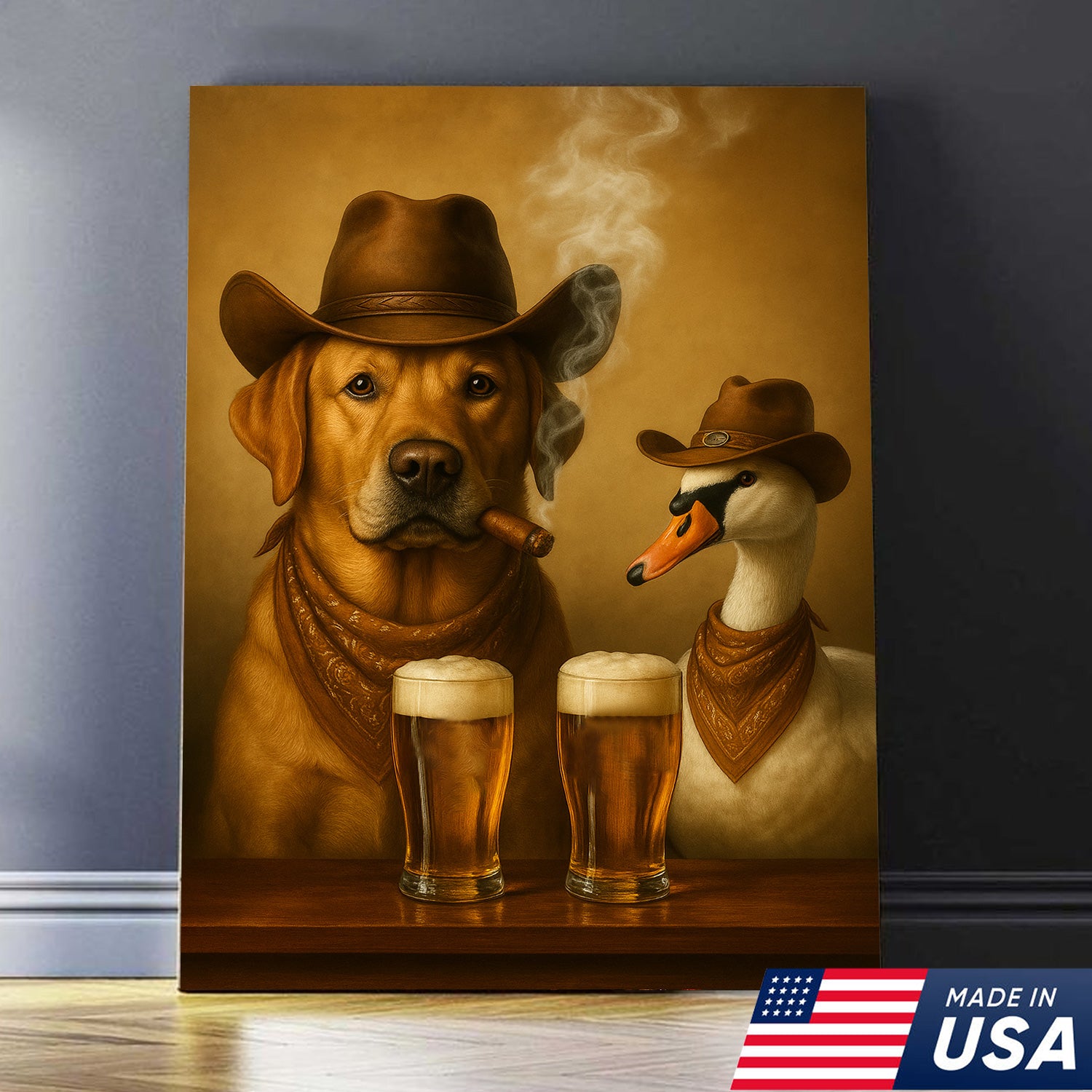 Funny Cowboy Dog & Geese Wall Art Canvas – Funny Beer & Smoking Canvas for Hunters, Cabin, Bar & Man Cave Decor
