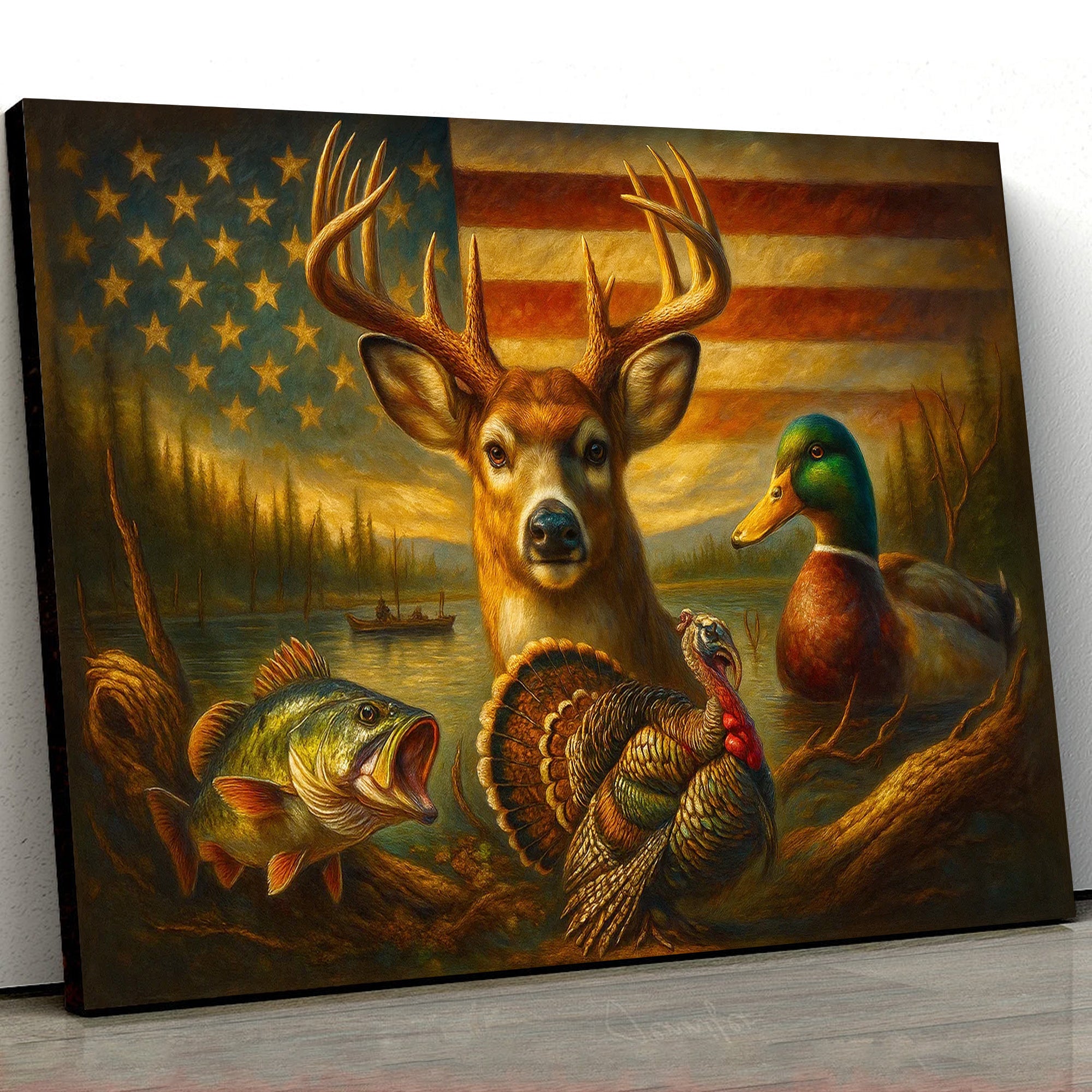 American Flag Hunting Canvas Wall Art – Whitetail Buck, Wild Turkey, Mallard Duck & Largemouth Bass – Patriotic Decor