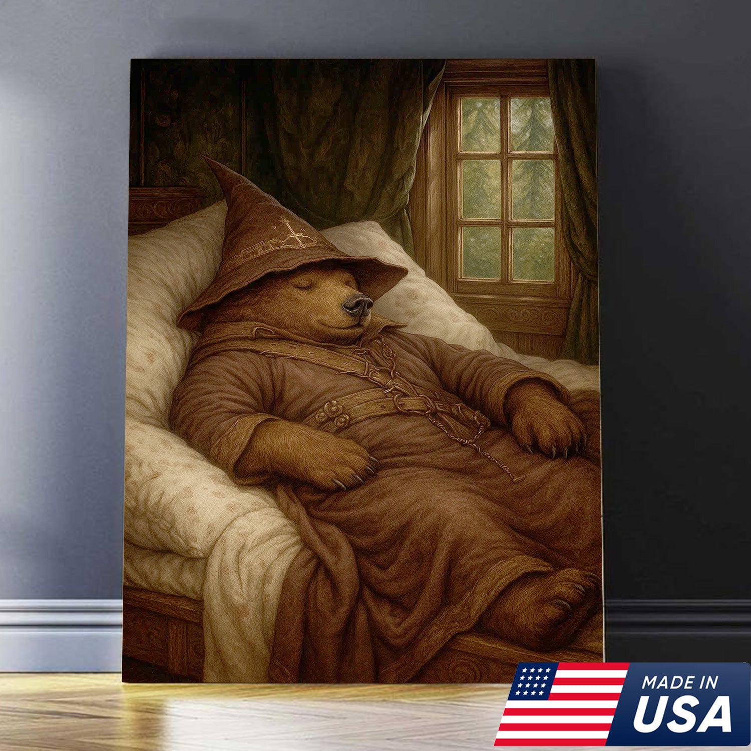Sleeping Wizard Bear Canvas Wall Art, Cozy Fantasy Animal Poster