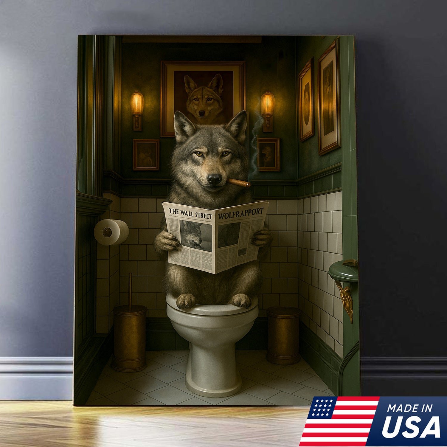 Funny Wolf Bathroom Wall Art – Rustic Hunting Cabin Toilet Humor Canvas, Man Cave Decor