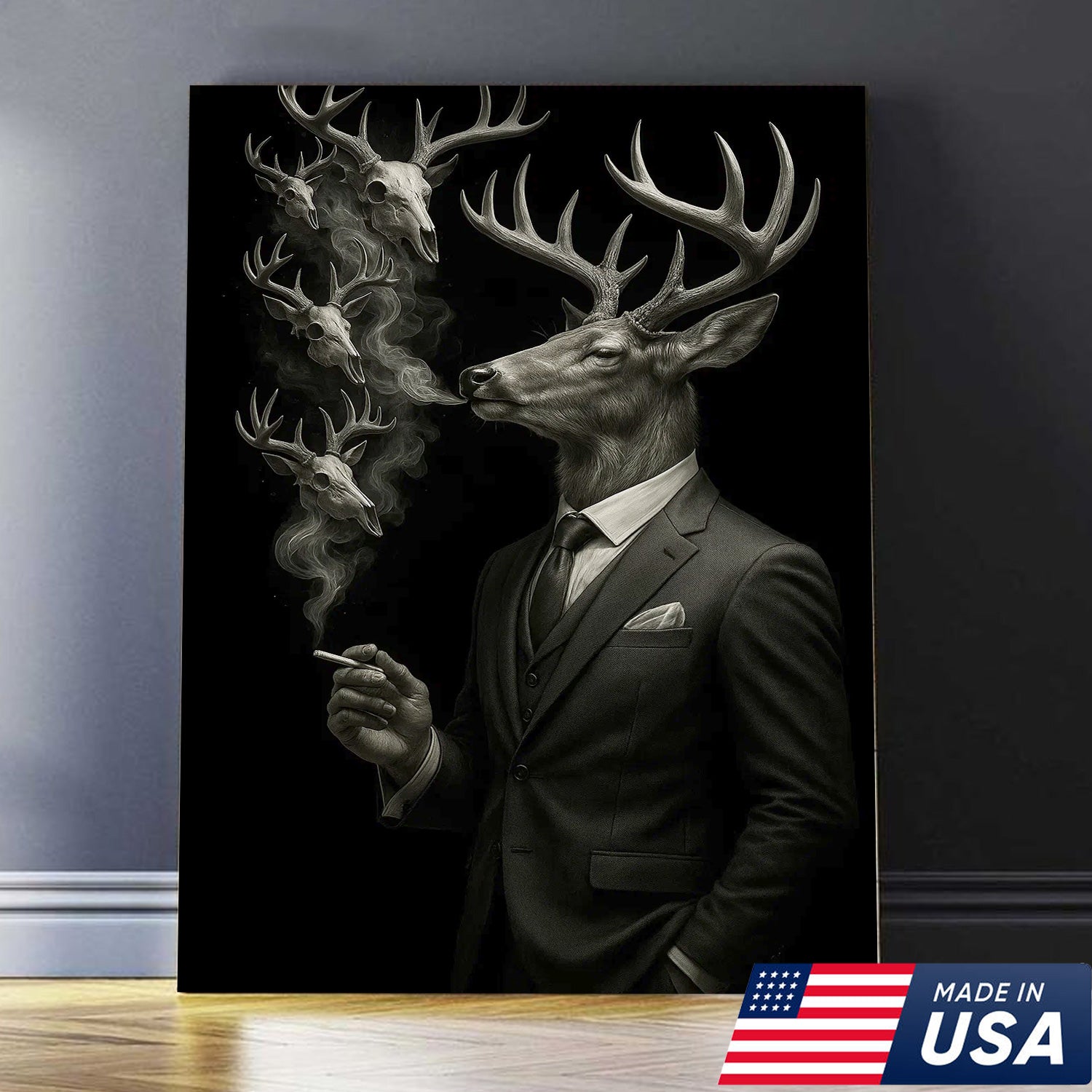 Gentleman Deer Canvas Wall Art, Elegant Buck in Suit Artwork, Rustic Cabin Decor for Hunters, Modern Wildlife Portrait Painting
