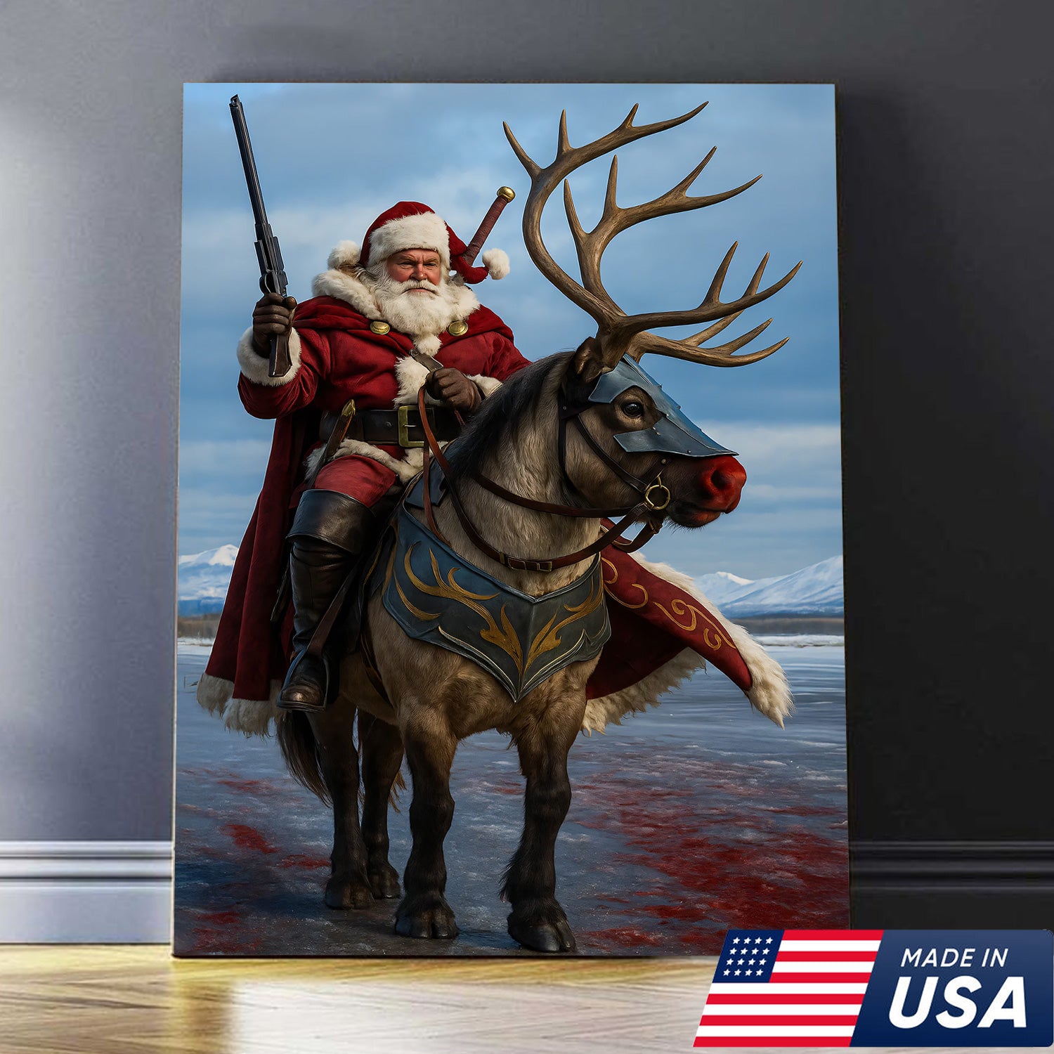Epic Santa Riding Reindeer Canvas Wall Art, Fantasy Warrior Santa on Armored Reindeer Poster, Winter Christmas Wall Decor Print