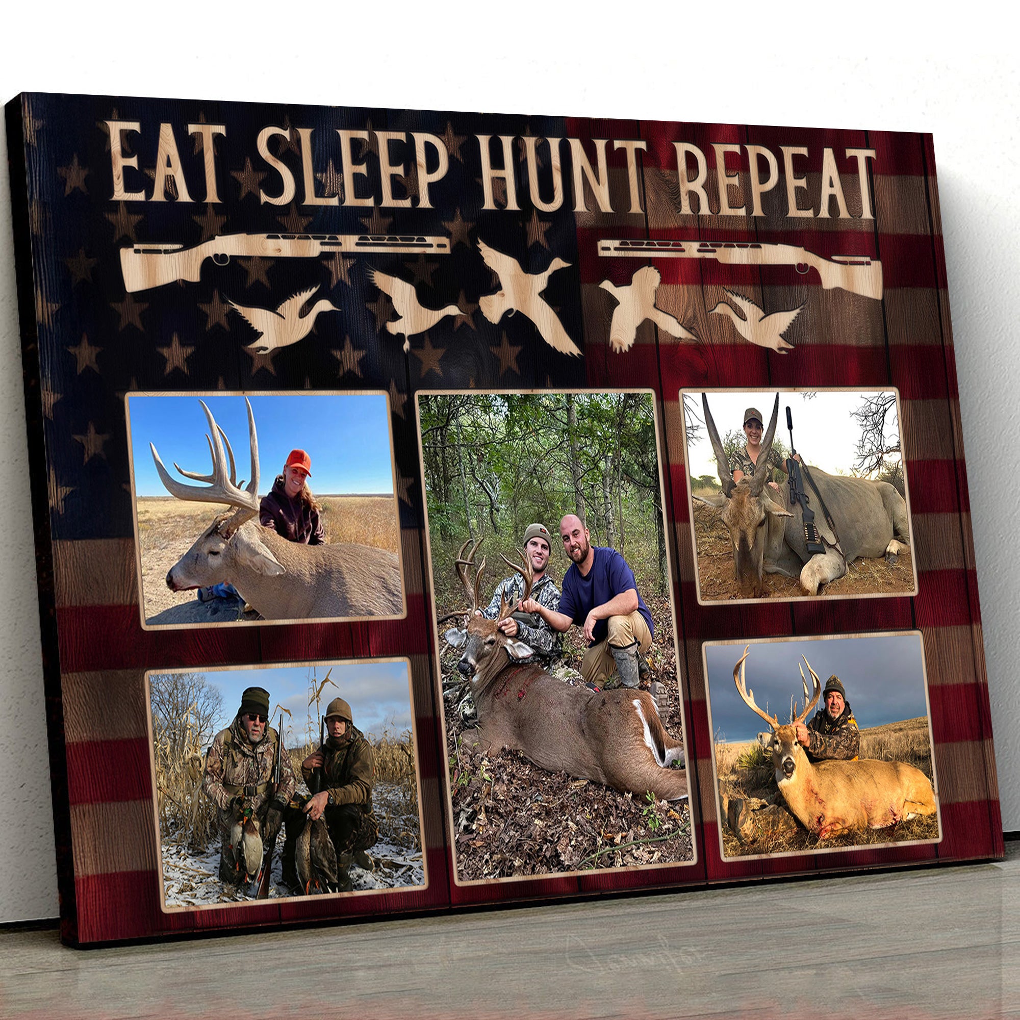 Personalized Eat Sleep Hunt Repeat Photo Collage Frame, Custom Hunting Gift for Dad, Husband & Hunters