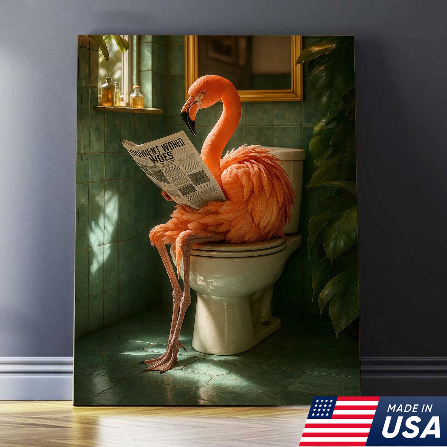 Funny Flamingo Bathroom Canvas Wall Art – Quirky Bird Reading Newspaper Print – Humorous Home Decor