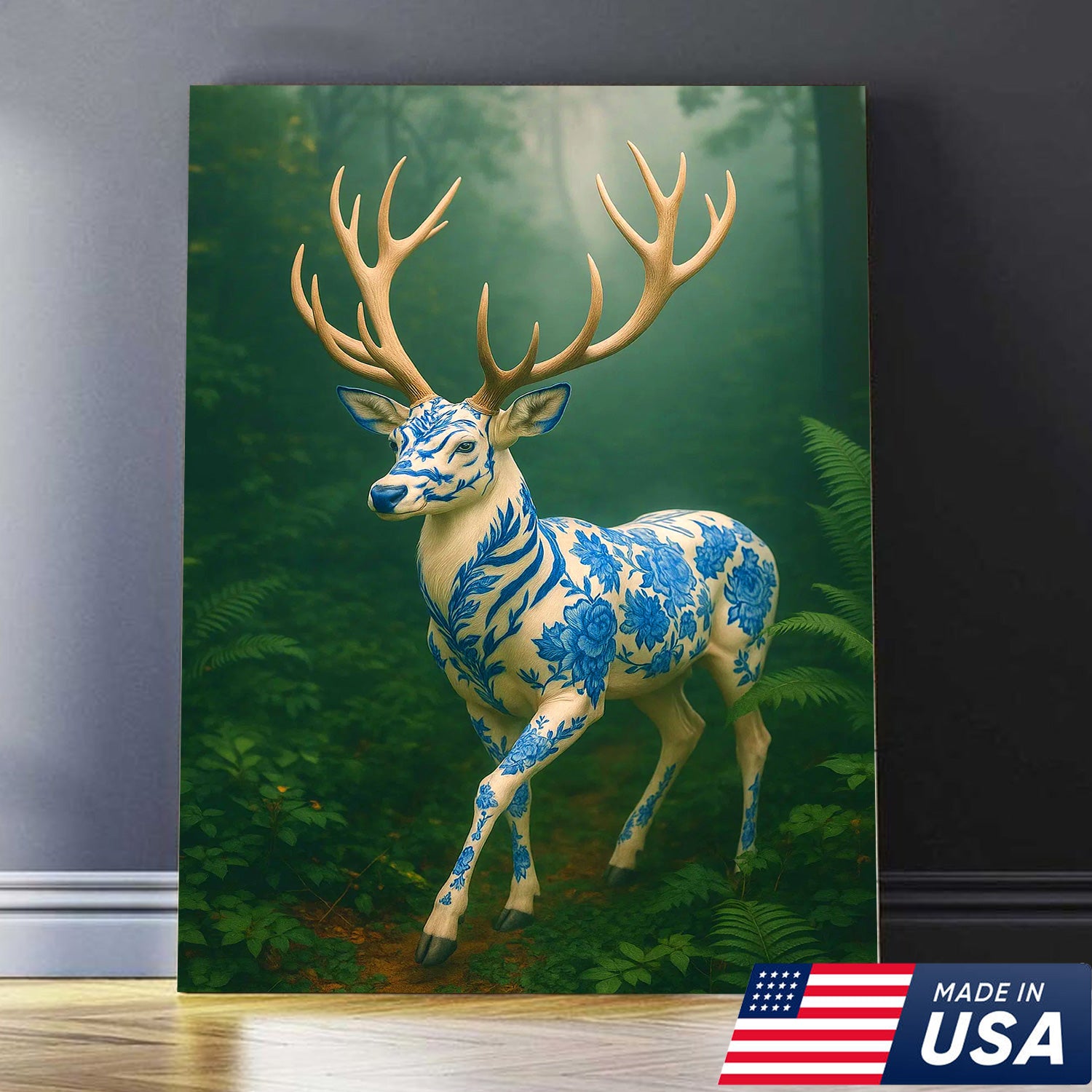 Blue Porcelain Deer Canvas, Elegant Woodland Art Print for Nature Lovers