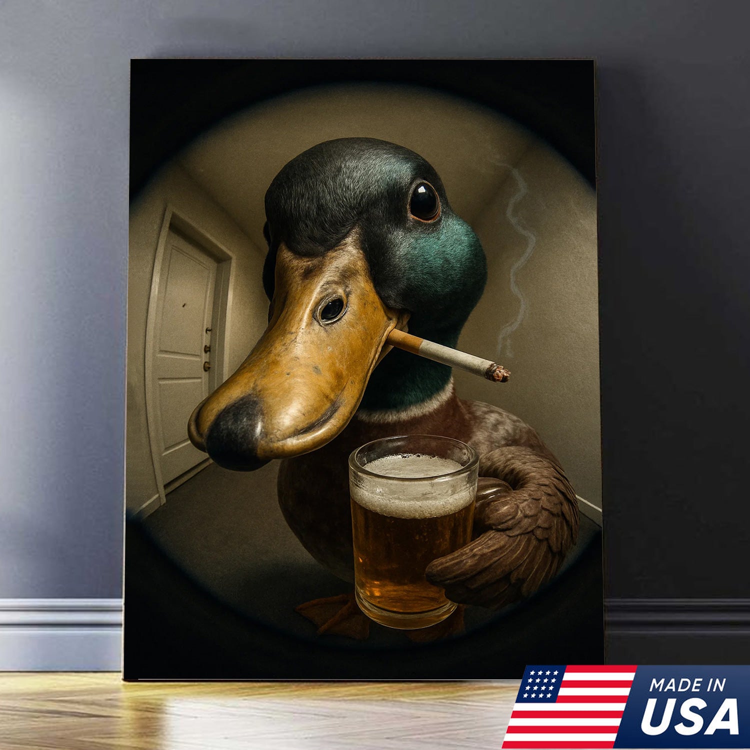 Mallard Duck Fisheye Canvas Wall Art – Funny Close-Up Door Peephole Portrait with Beer Glass– Quirky Duck Wall Decor