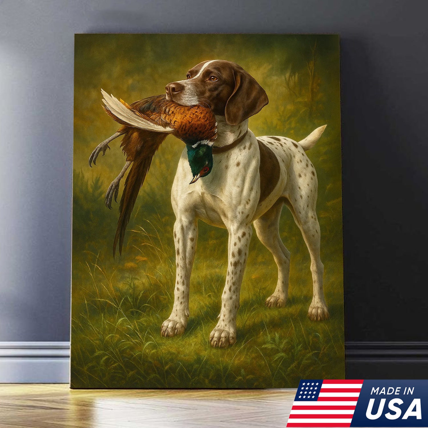 Hunting Dog Canvas Wall Art – Hunting Dog with Pheasant – Rustic Wildlife Canvas Print for Hunter Lodge Decor
