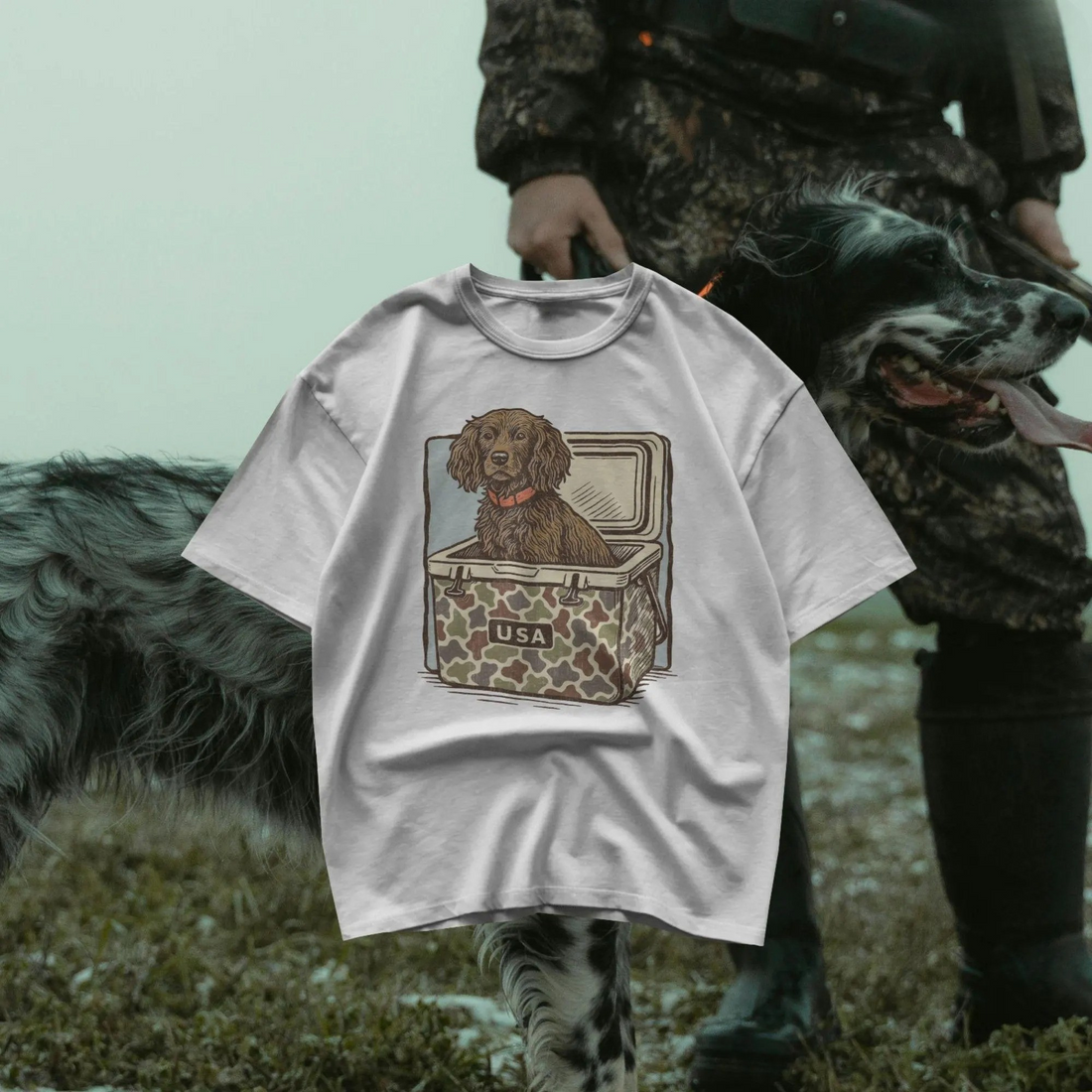 Camo Hunting Dog Cooler T-Shirt, USA Camo Ice Chest, Country Dog Summer, Funny USA Southern Outdoor Hunting Tee
