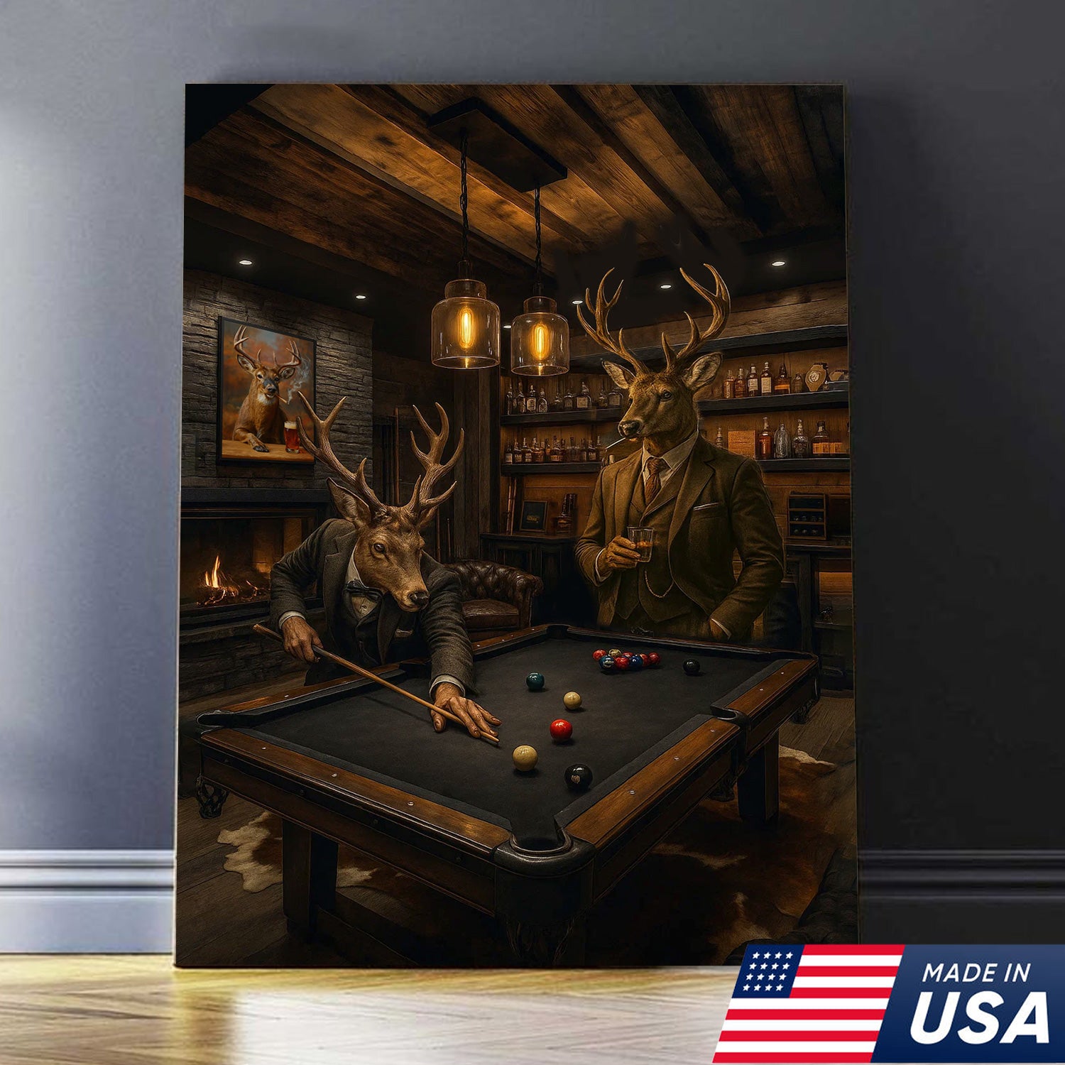 Deer Gentlemen Billiards Canvas Wall Art – Whitetail Bucks in Suits at Pool Table – Lodge Game Room Decor