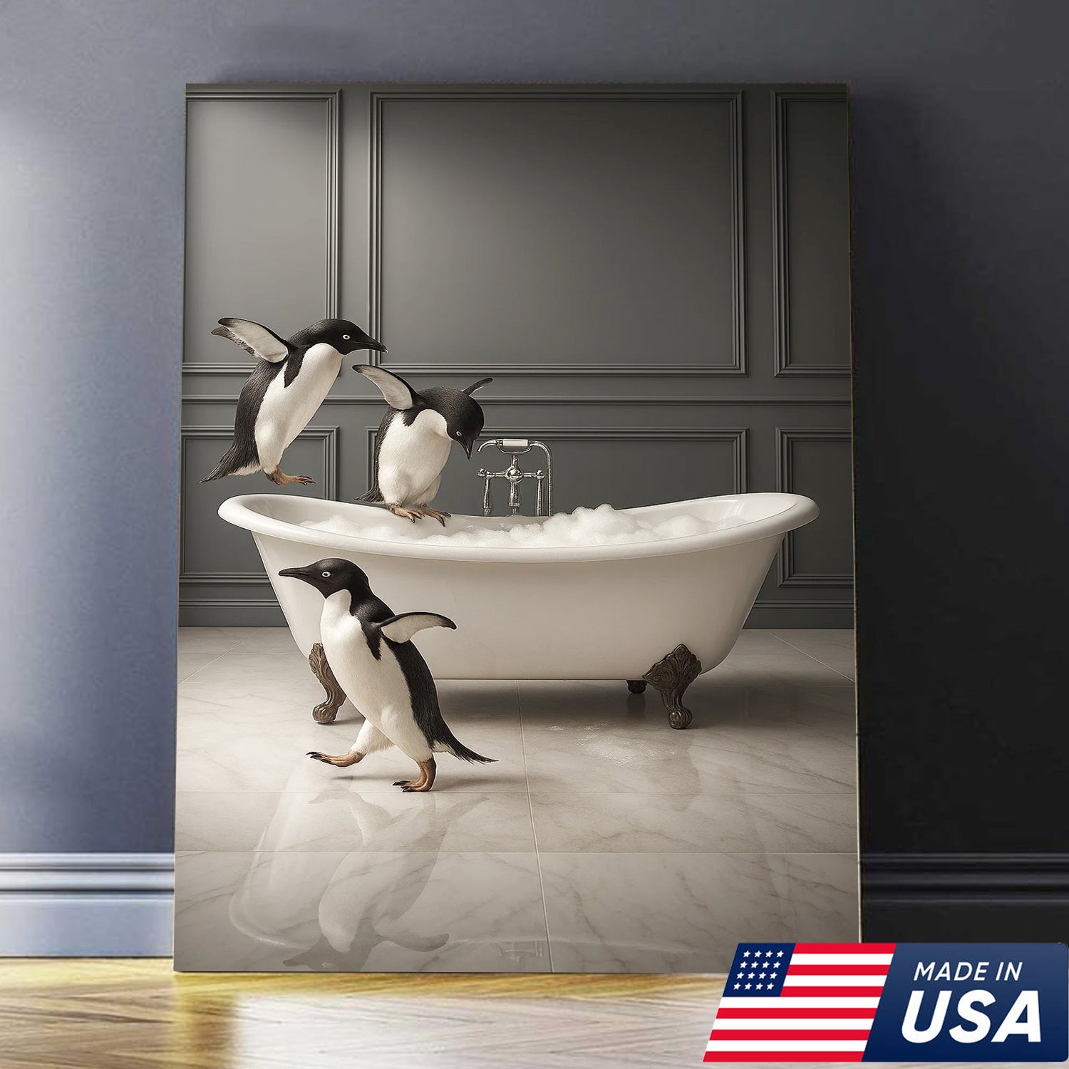 Penguin Bathroom Wall Art Canvas, Cute Penguins Bubble Bath Kids Bathroom Decor