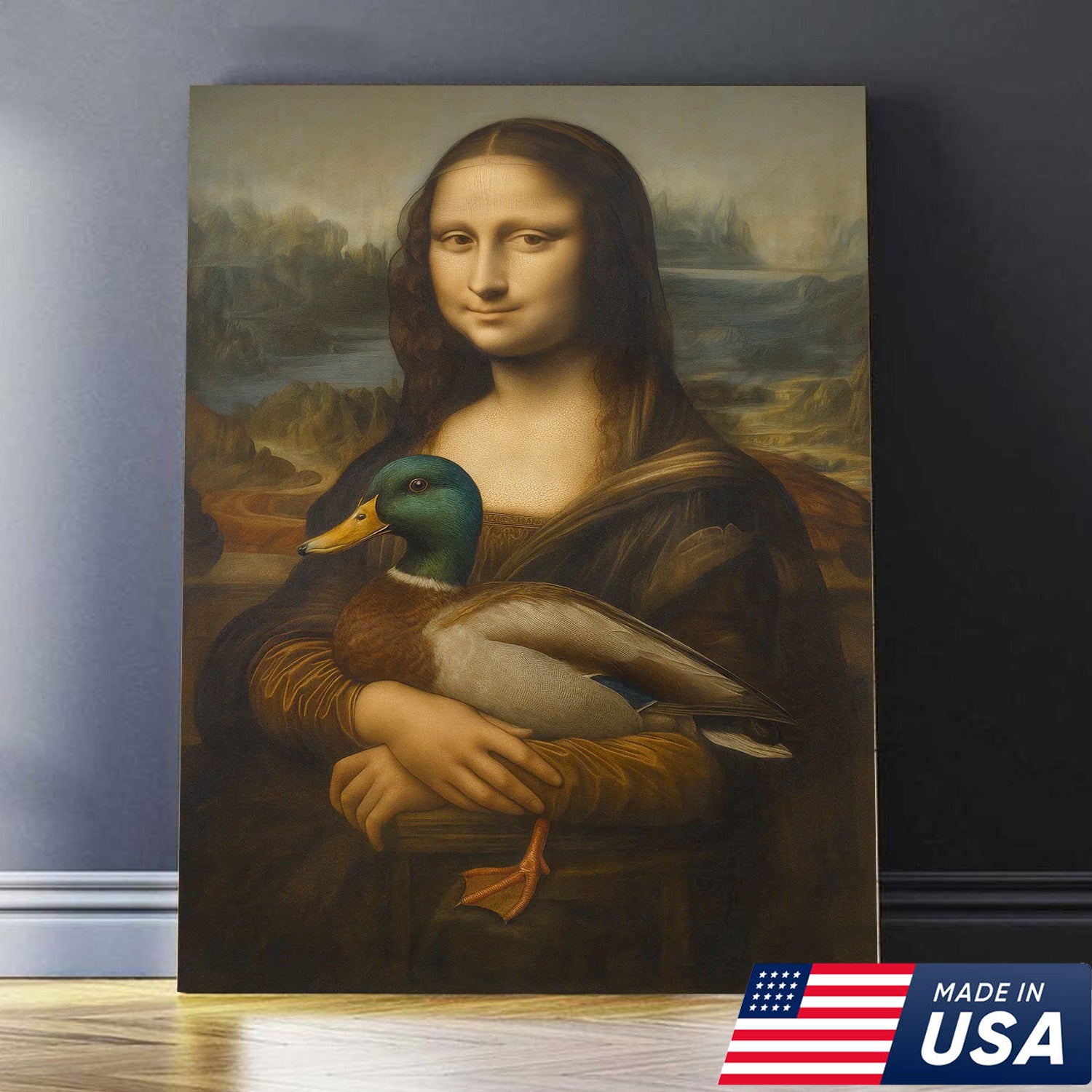 Funny Mona Lisa Duck Canvas Wall Art, Quirky Parody Painting Print for Bathroom or Office