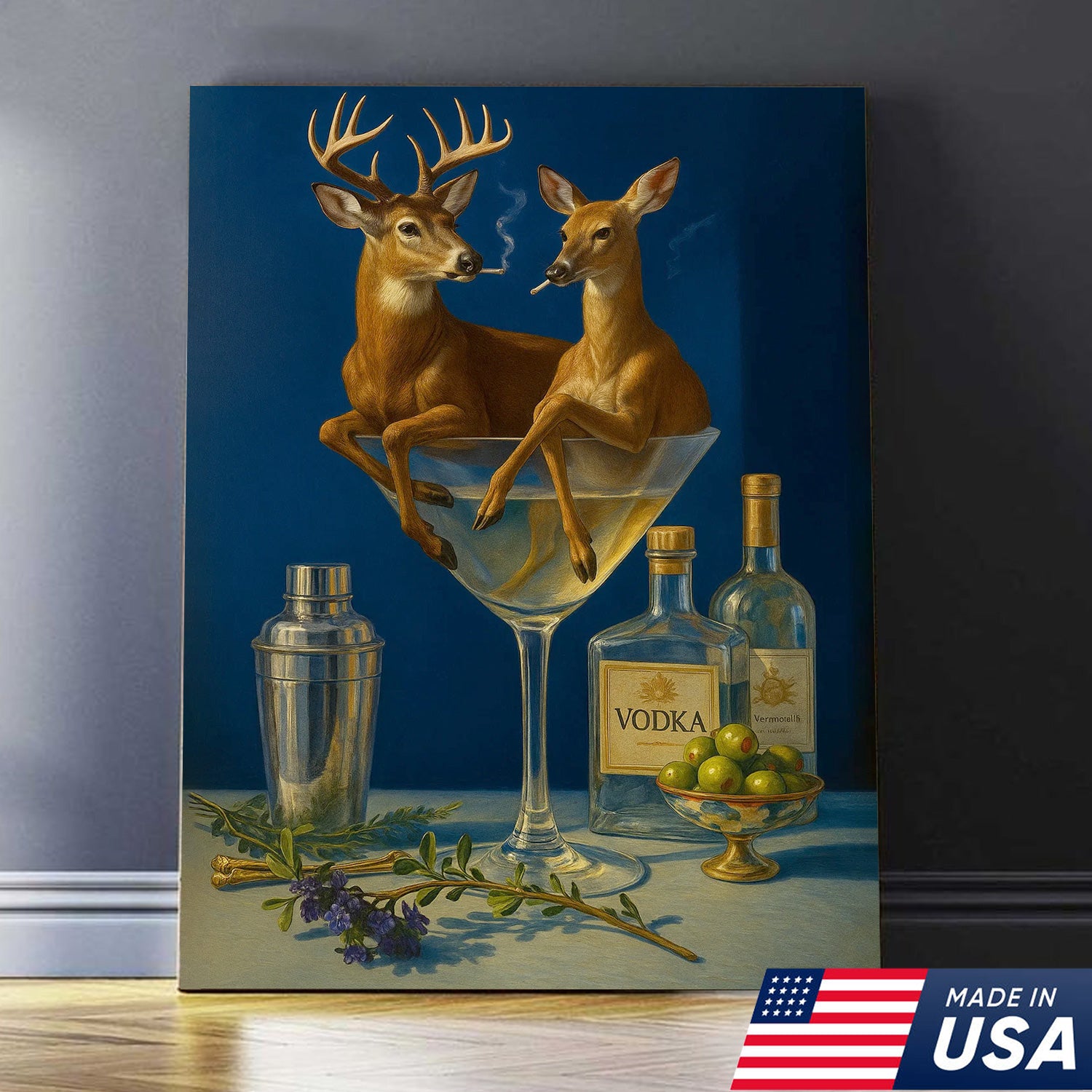 Funny Deer Couple Wall Art Canvas – Whimsical Buck and Doe in Martini Glass – Rustic Lodge Hunting Decor for Home Bar