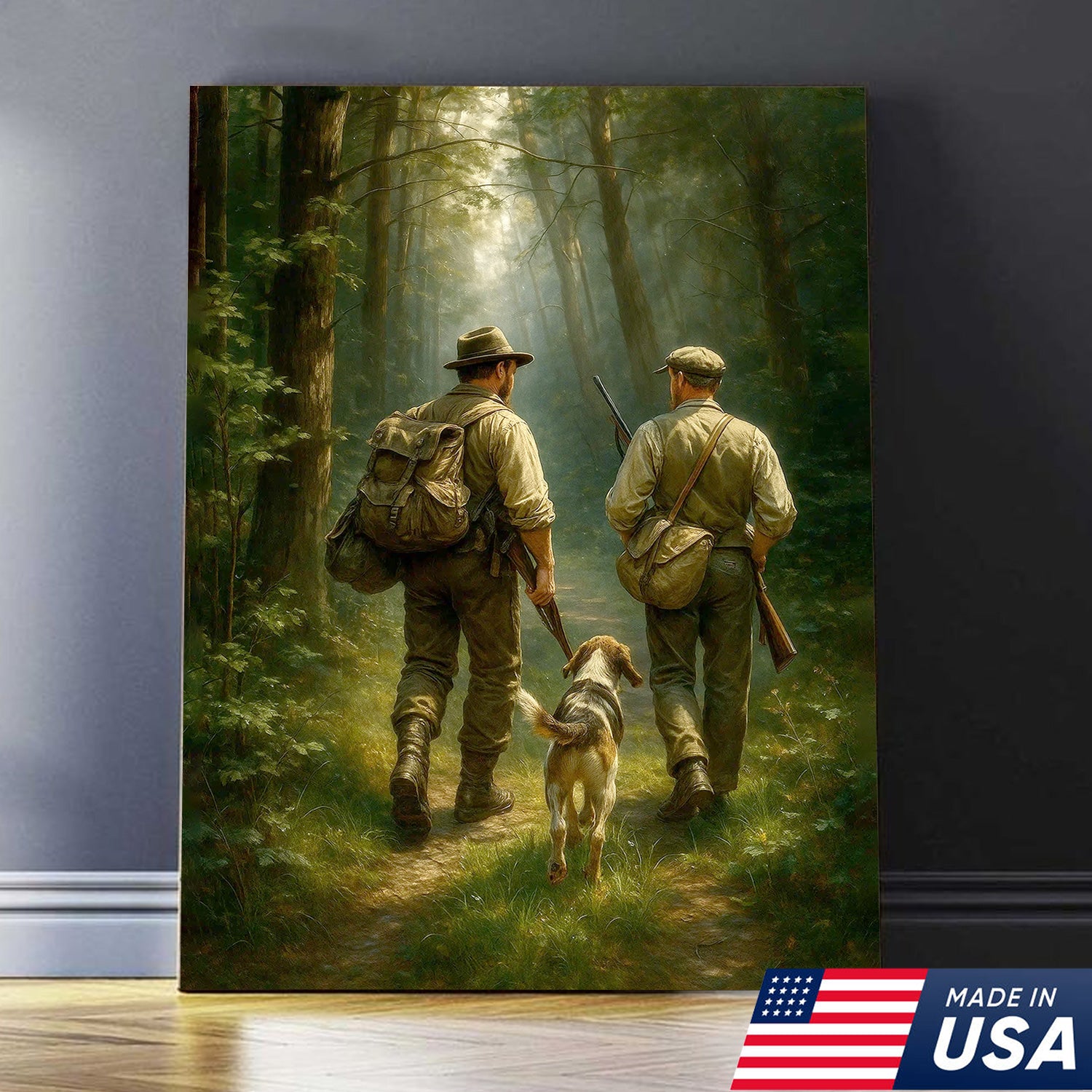 Hunting Canvas Wall Art – Hunters Walking with Dog in Forest – Rustic Cabin Decor for Lodge and Outdoor Enthusiasts