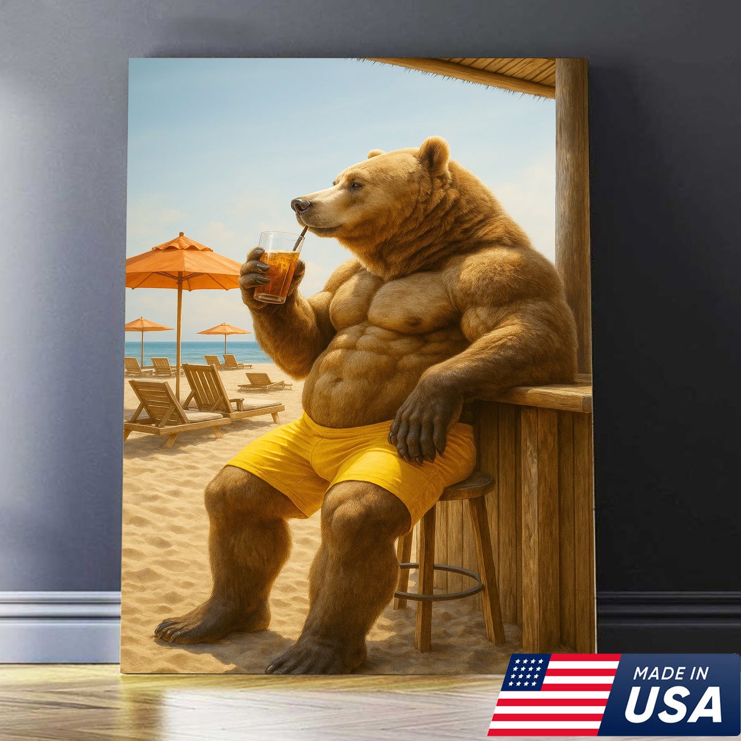 Funny Beach Bear Canvas Wall Art, Summer Vacation Animal Artwork, Humorous Muscle Bear Decor, Tropical Coastal Cabin Painting