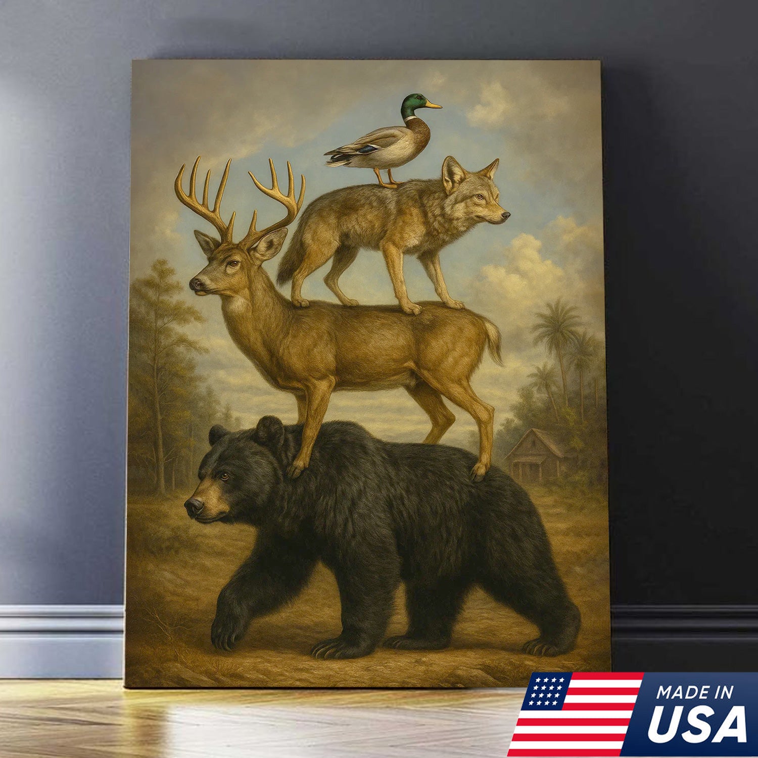 Epic Wildlife Stacking Canvas Wall Art – Bear, Deer, Coyote & Duck – Rustic Hunting Cabin Decor