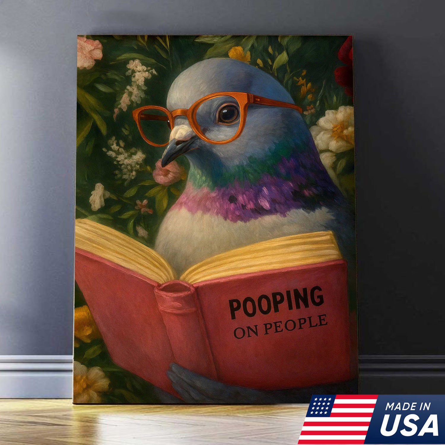 Funny Pigeon Canvas Wall Art - Reading Bird with Glasses Design - Quirky Animal Artwork for Home Decor