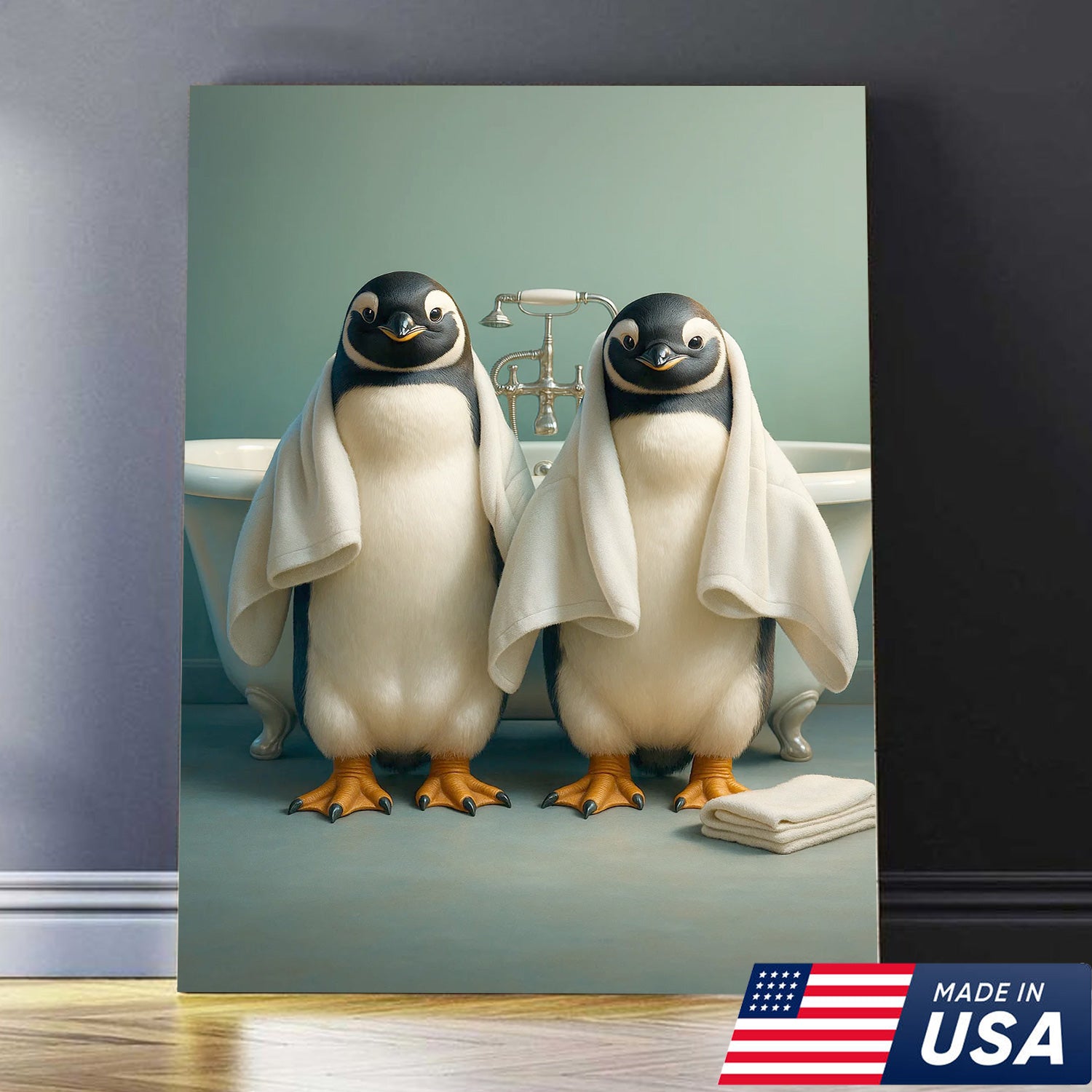 Cute Penguin Twins Bathroom Wall Art Canvas, Adorable Towel Penguins Kids Bath Decor