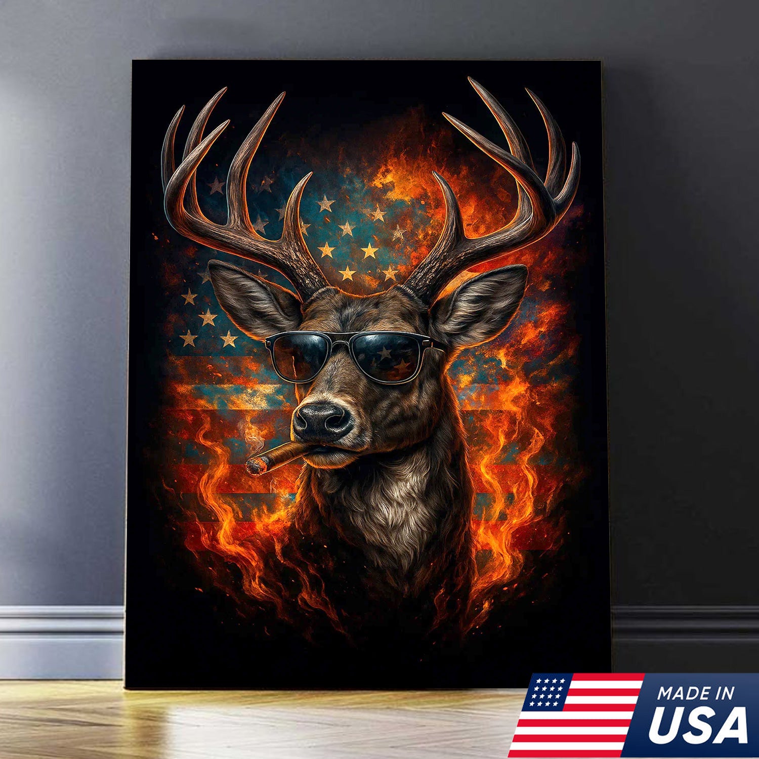 Patriotic Deer Wall Art Canvas – Cool Buck with Sunglasses and American Flag – Rustic Hunting Lodge Decor USA