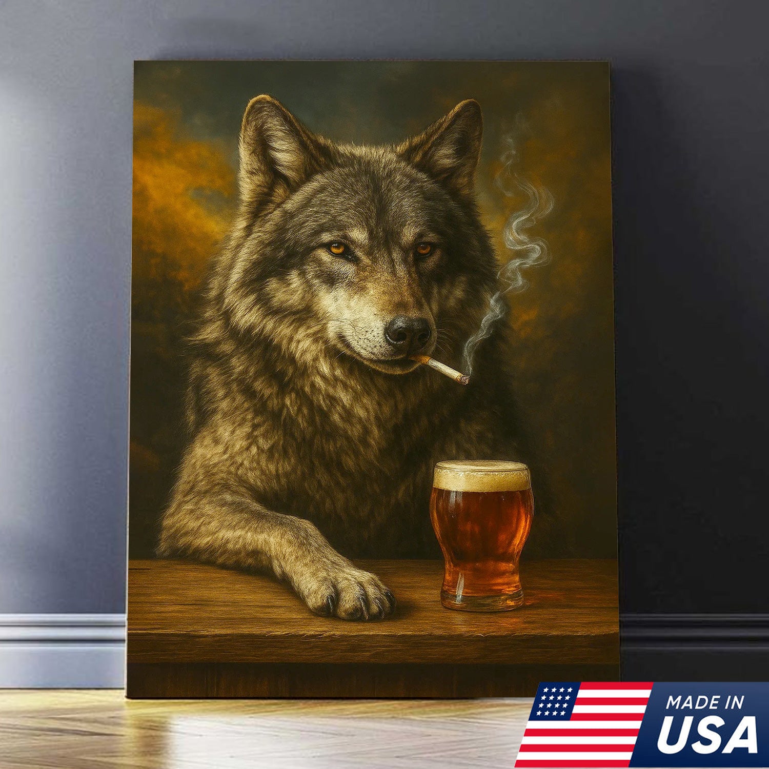 Rustic Gray Wolf Canvas Wall Art – Majestic Wildlife Bar Scene with Beer – Hunting Cabin Lodge Decor