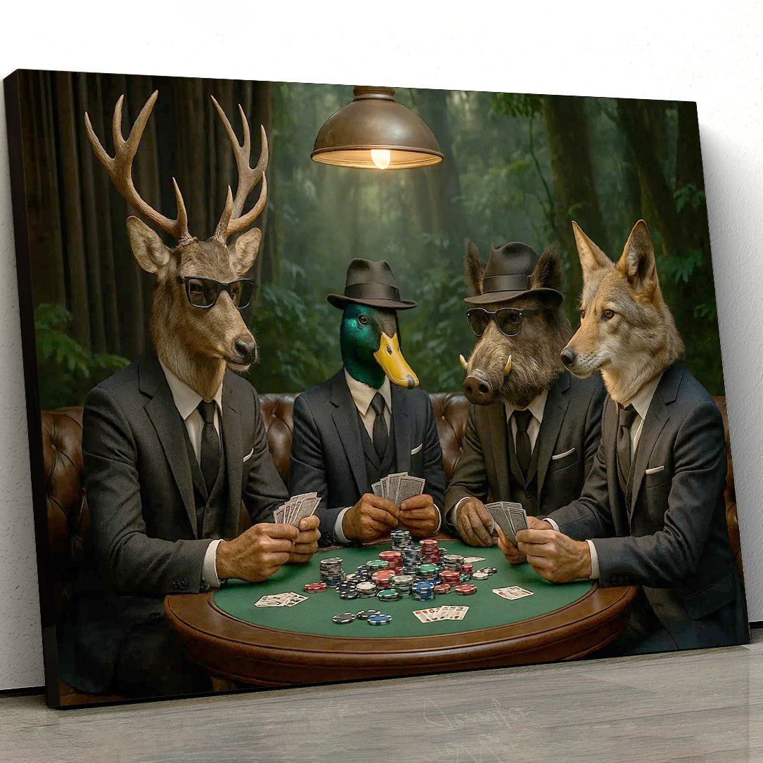 Hunter Animals Playing Poker Canvas - Deer, Duck, Boar & Coyote Poker Print – Man Cave Wall Decor