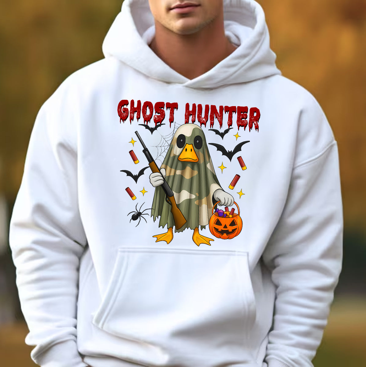 Spooky Duck Hunter T-Shirt – Camo Ghost with Pumpkin & Gun – Halloween Gift