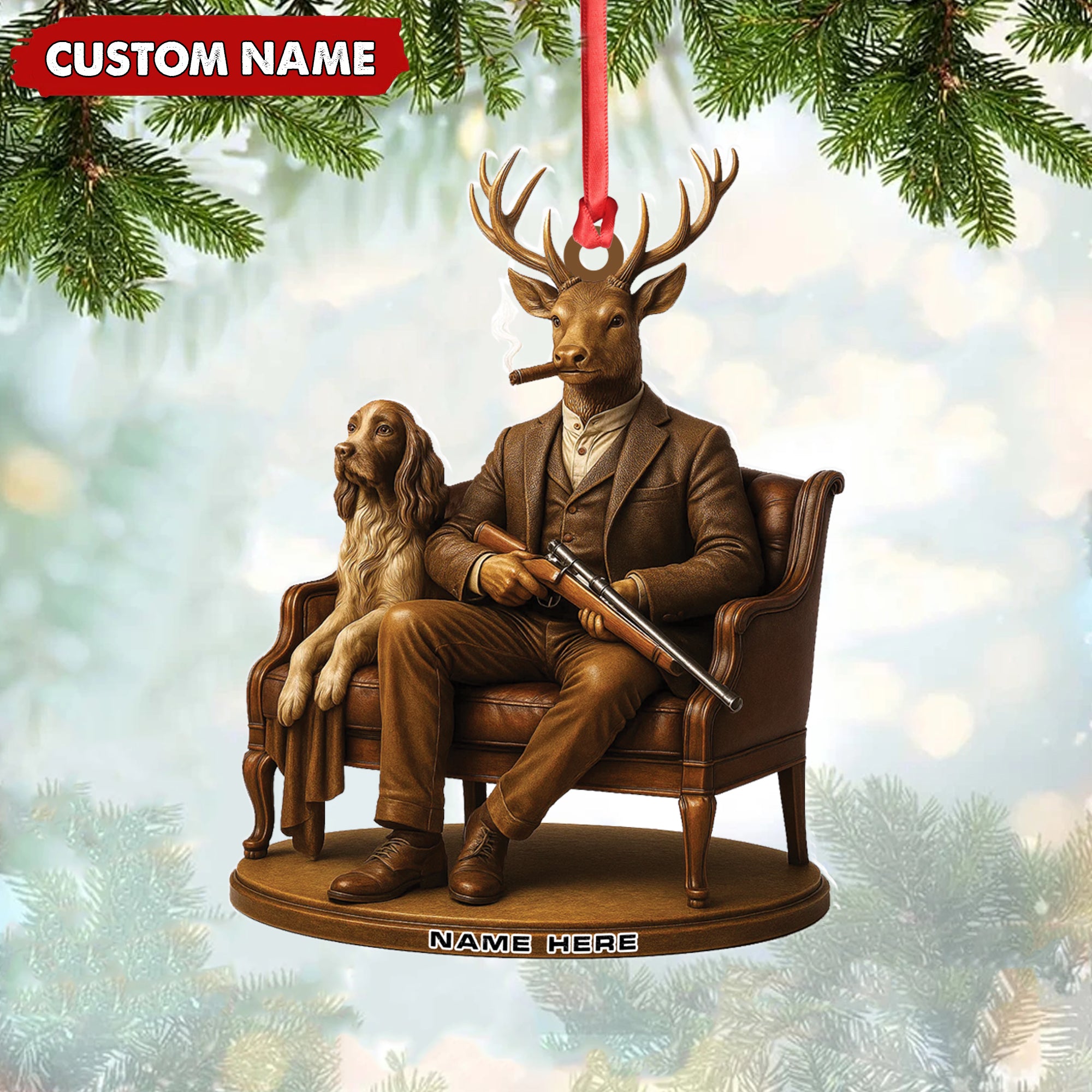 Personalized Acrylic Deer Christmas Ornament – Elegant Hunter Buck with Dog Holding Rifle Holiday Decor