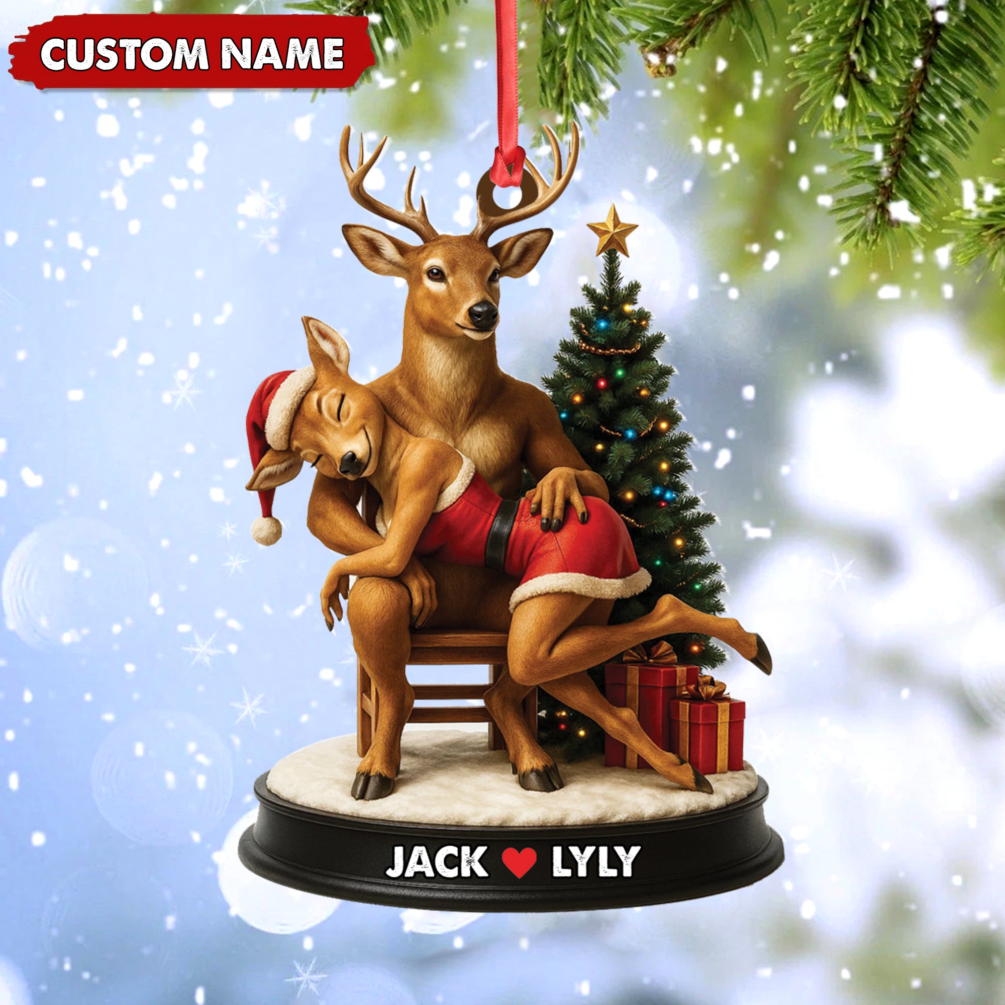 Personalized Acrylic Deer Couple Christmas Ornament – Romantic Holiday Decor for Couples & Wildlife Lovers