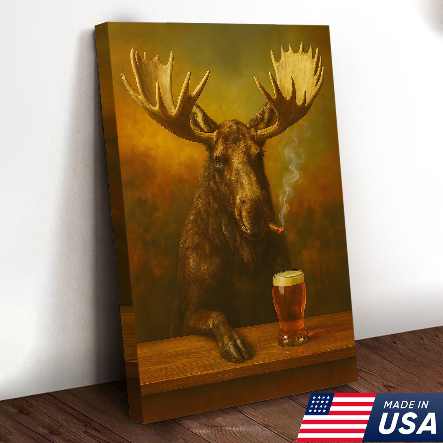 Moose Smoking & Drinking Canvas - Rustic Bar Wall Art Hunting Lodge & Man Cave Decor