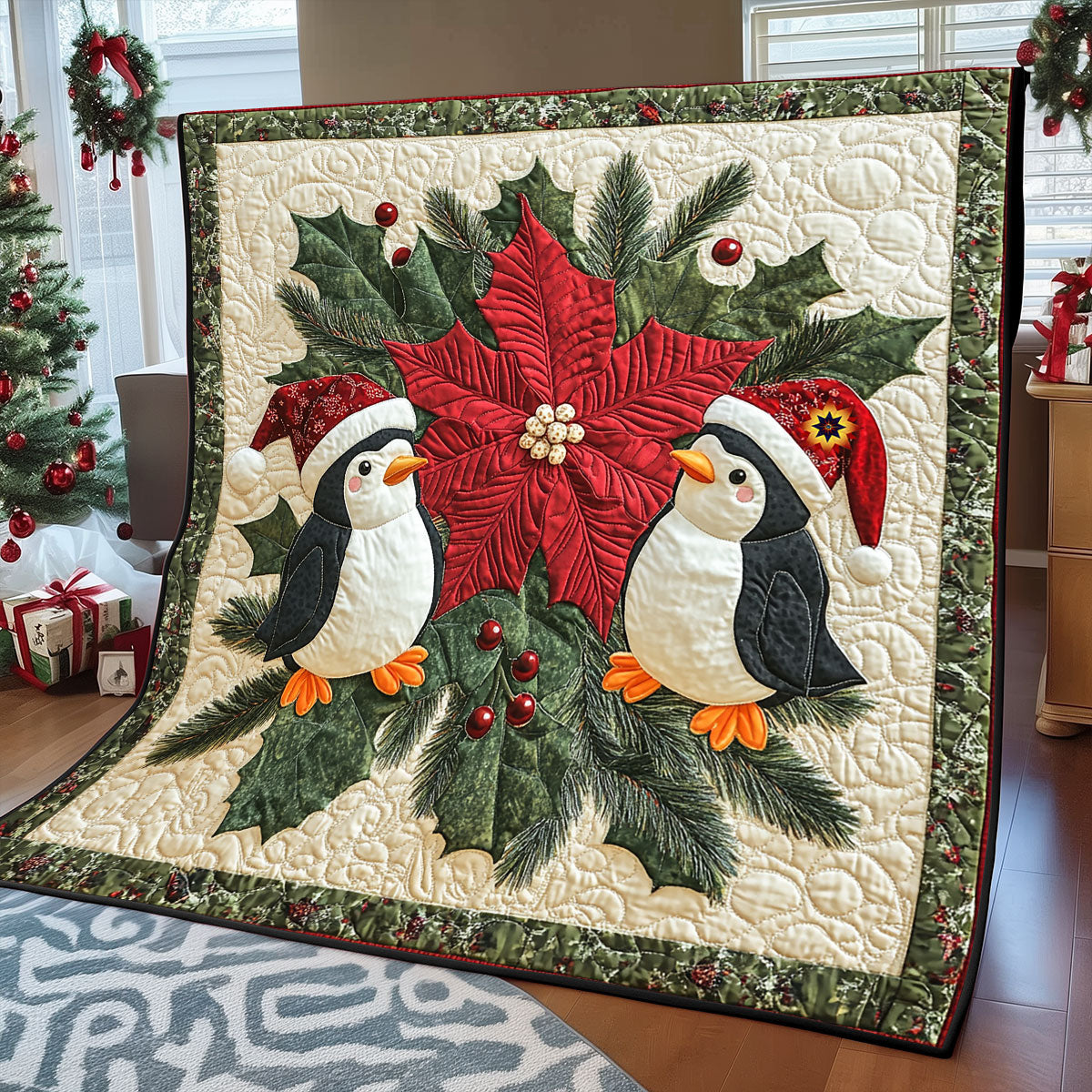 Christmas Penguin Sleigh Bells Quilt Blanket