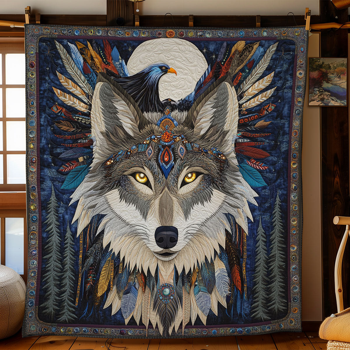 Mystic Wolf And Eagle Quilt Blanket