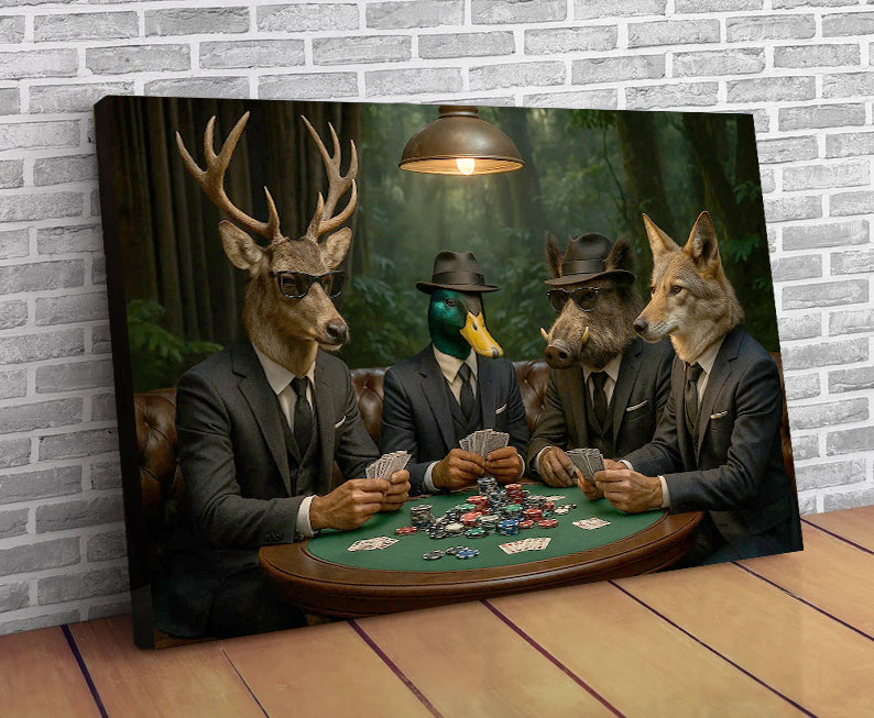 Hunter Animals Playing Poker Canvas - Deer, Duck, Boar & Coyote Poker Print – Man Cave Wall Decor