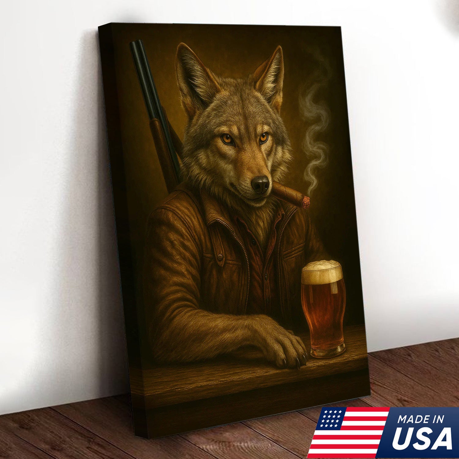 Alpha Wolf Coyote Canvas Wall Art – Fierce Surreal Portrait with Beer Glass, Bold Wilderness Decor